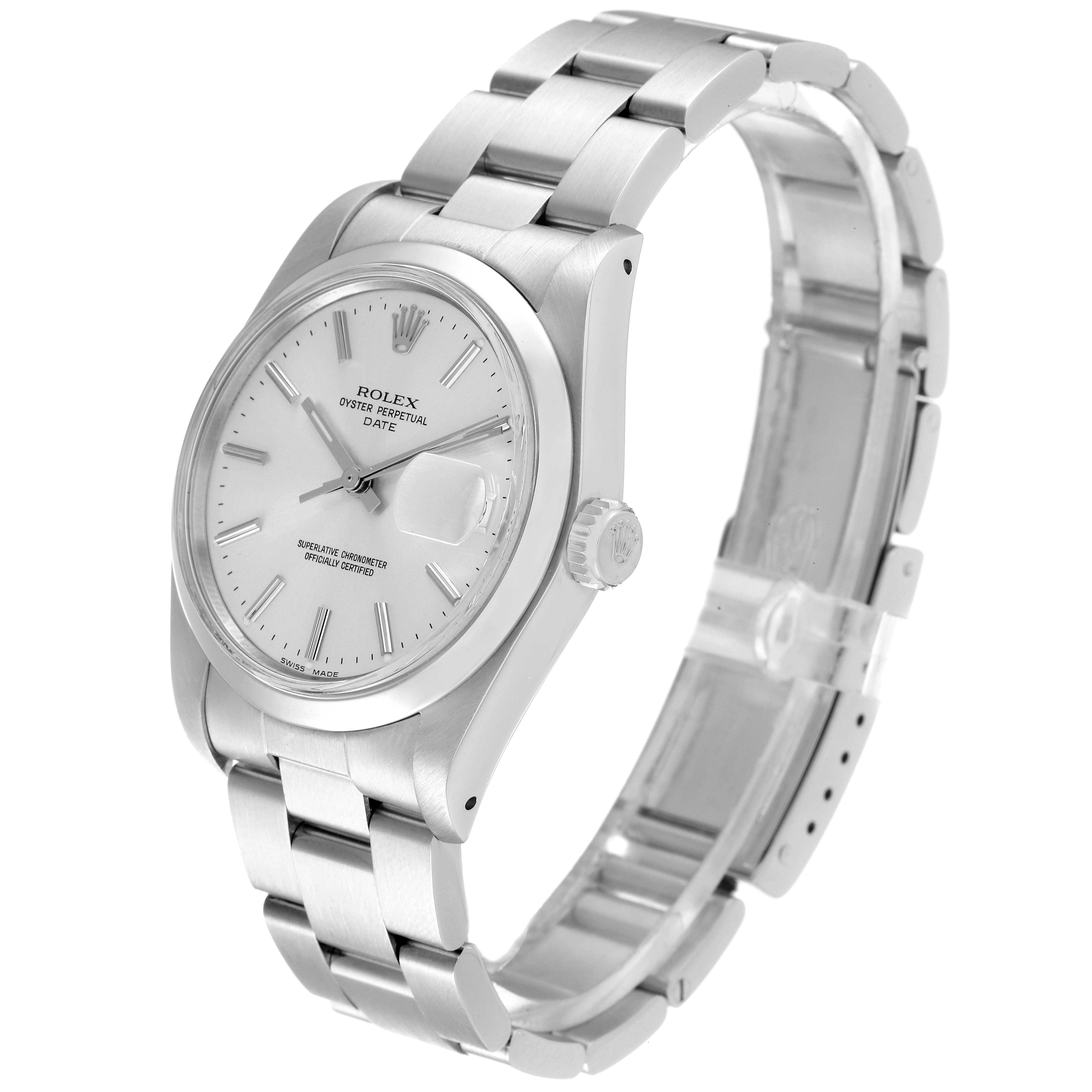 This image shows a Rolex Date 1500 Men's Stainless Steel Silver Dial 1500 Men's Stainless Steel Silver Dial model watch from an angle highlighting its face, crown, and stainless steel bracelet.