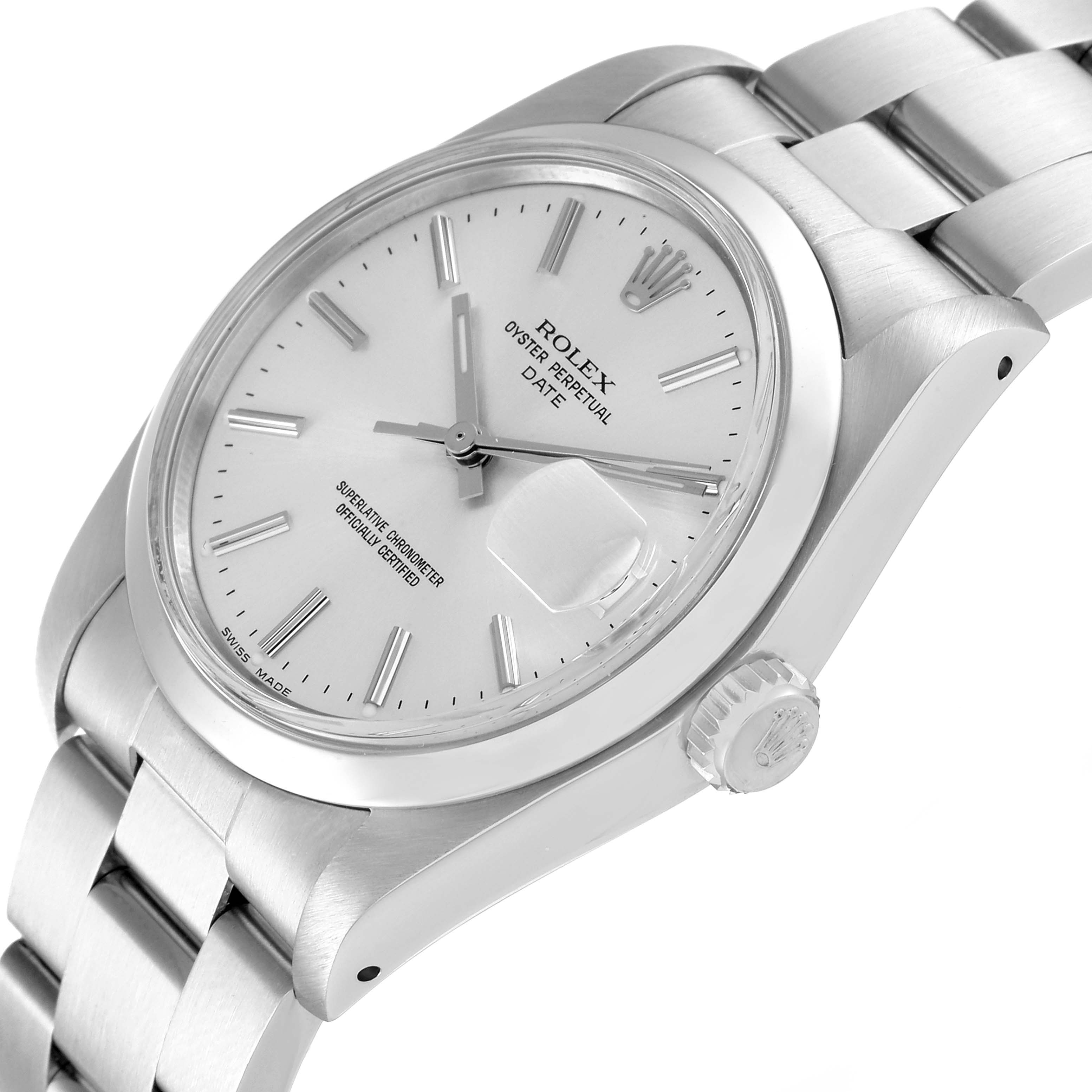 This image shows the Rolex Date 1500 Men's Stainless Steel Silver Dial 1500 Men's Stainless Steel Silver Dial model watch from an angled side view, highlighting the face, case, bracelet, and crown.