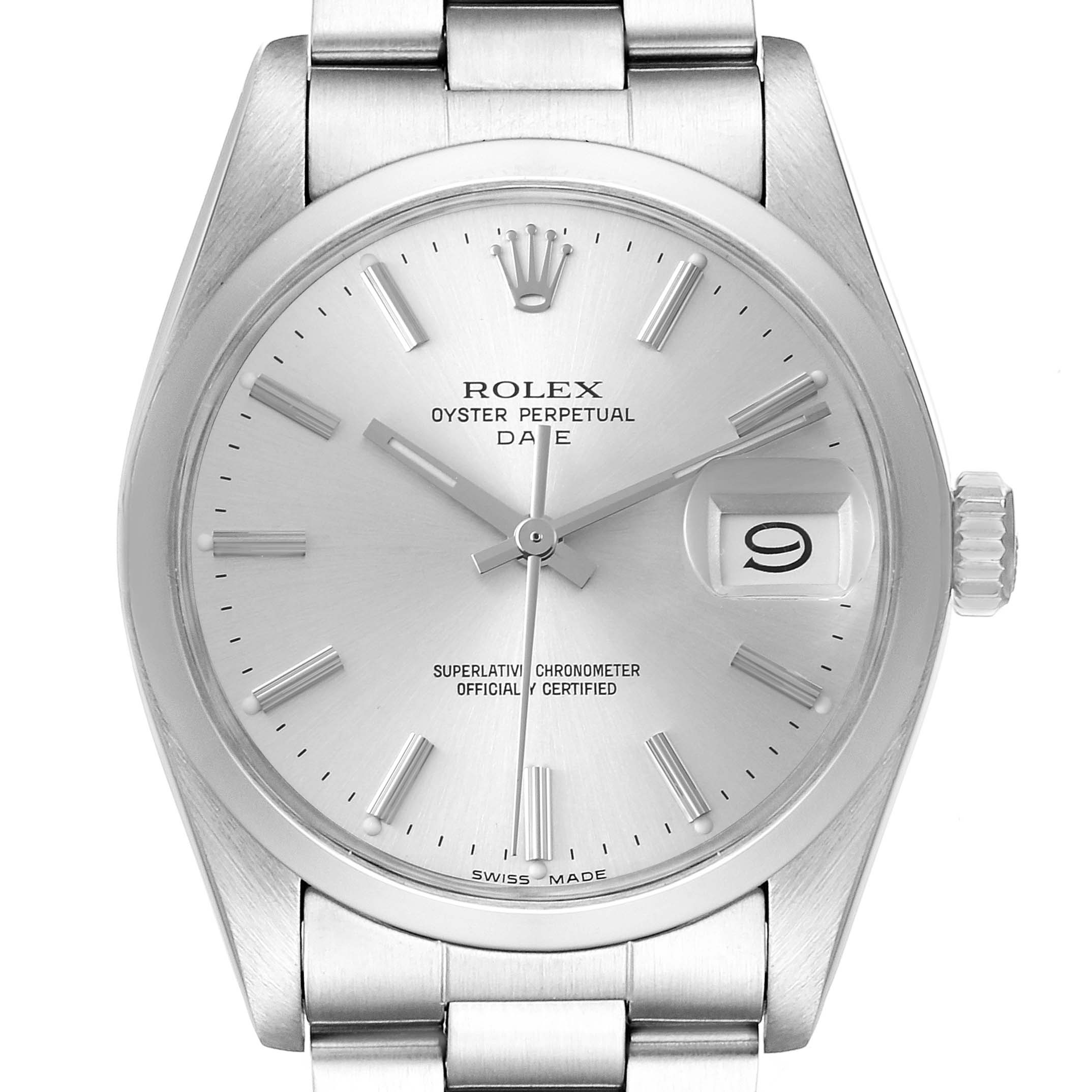 This is a close-up of the Rolex Date 1500 Men's Stainless Steel Silver Dial 1500 Men's Stainless Steel Silver Dial model watch, showing the face, bezel, and part of the bracelet.