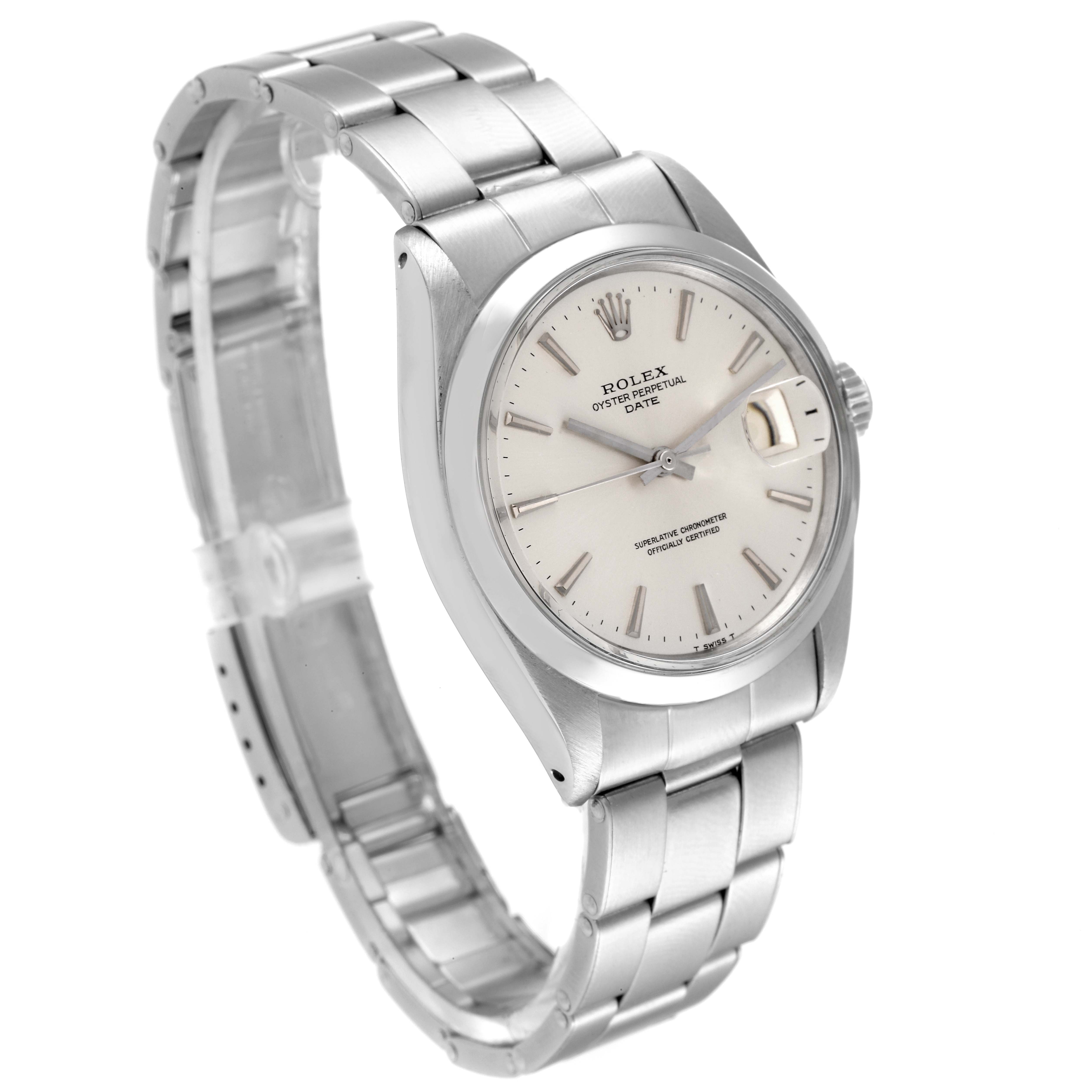 The image shows a Rolex Date 1500 Men's Stainless Steel Silver Dial 1500 Men's Stainless Steel Silver Dial model watch from a slight angle, showcasing the dial, case, and part of the bracelet.
