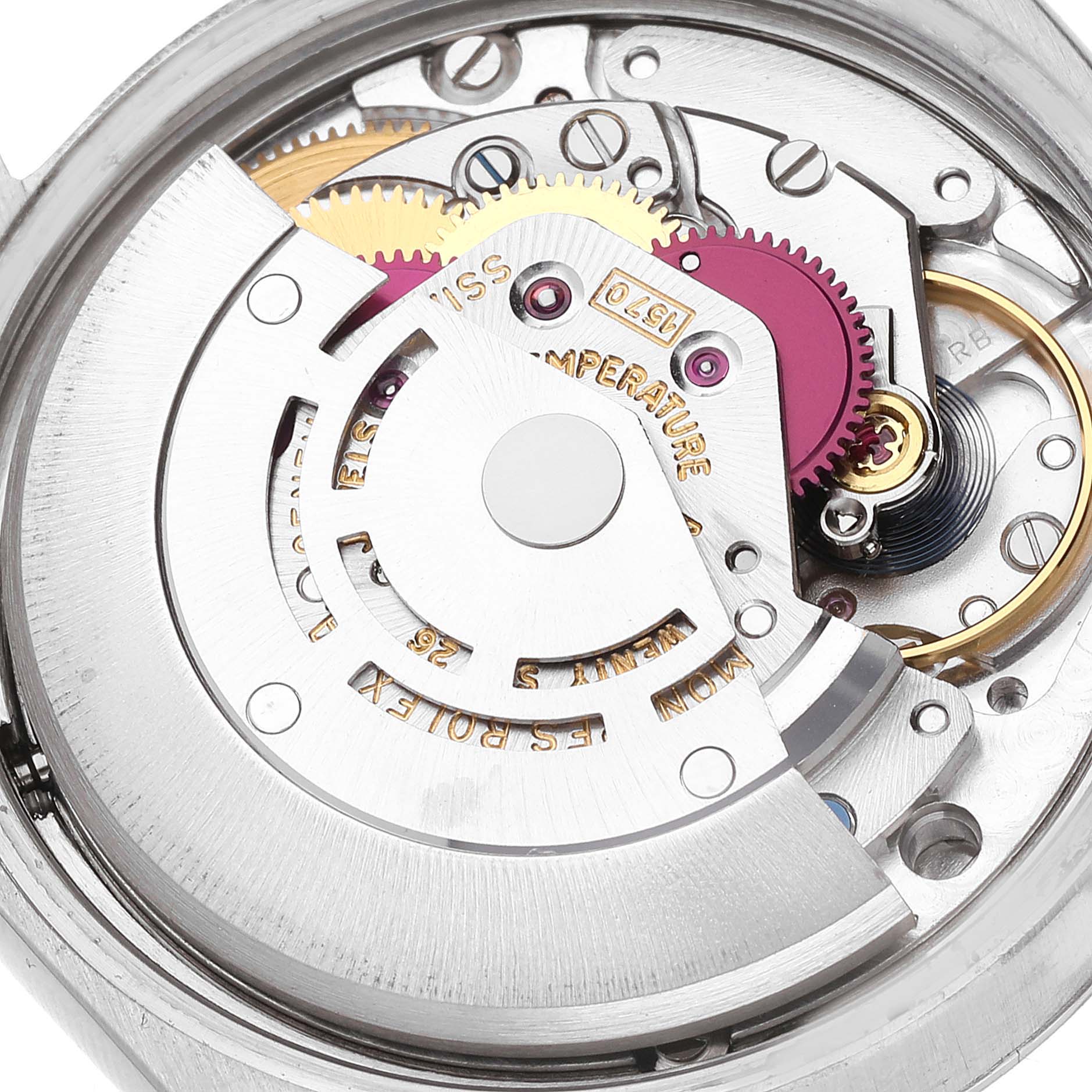 This image shows the inner mechanism and movement components of a Rolex Date 1500 Men's Stainless Steel Silver Dial 1500 Men's Stainless Steel Silver Dial model watch from a macro view.