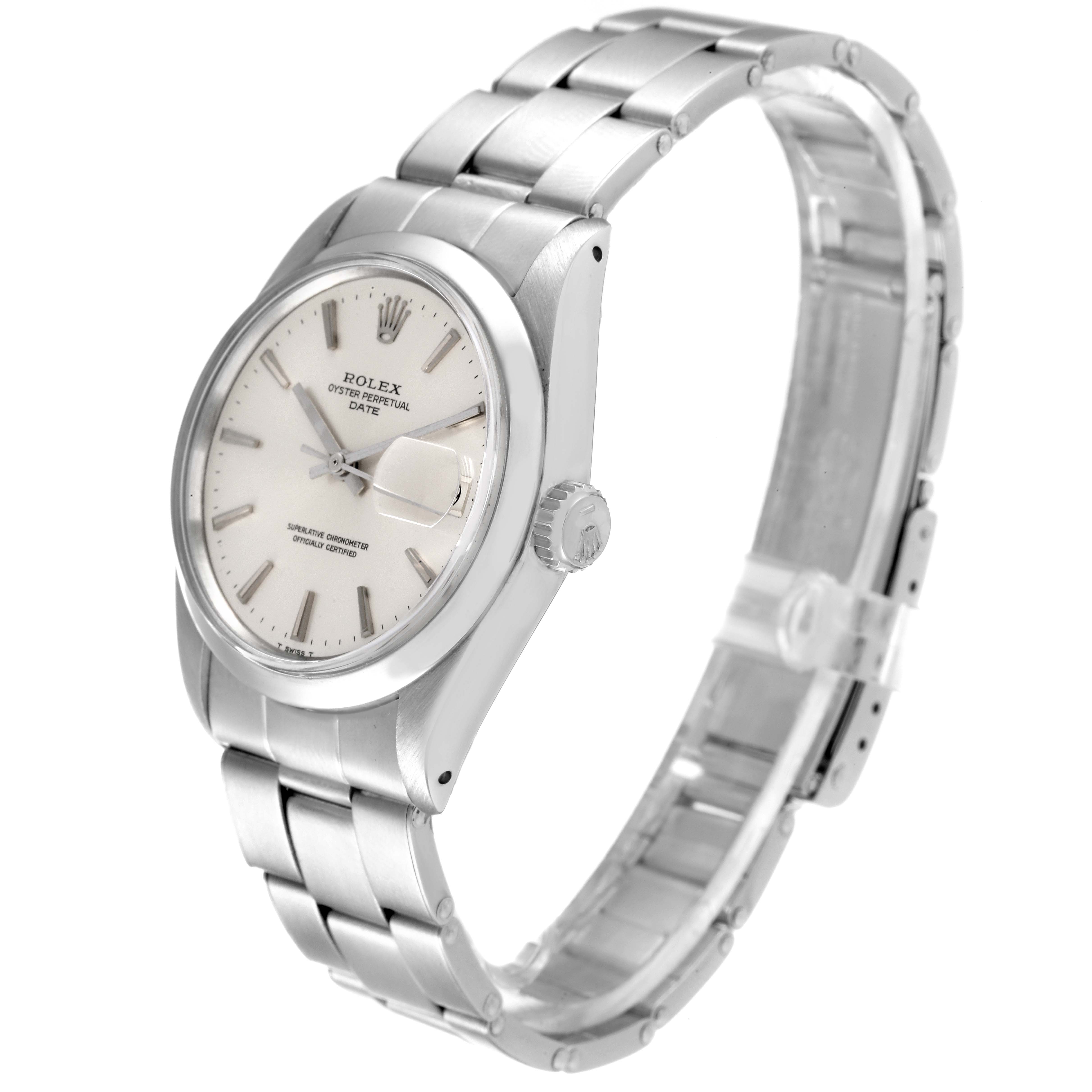 The image shows a side angle view of the Rolex Date 1500 Men's Stainless Steel Silver Dial 1500 Men's Stainless Steel Silver Dial model, displaying the dial, case, bracelet, and crown.