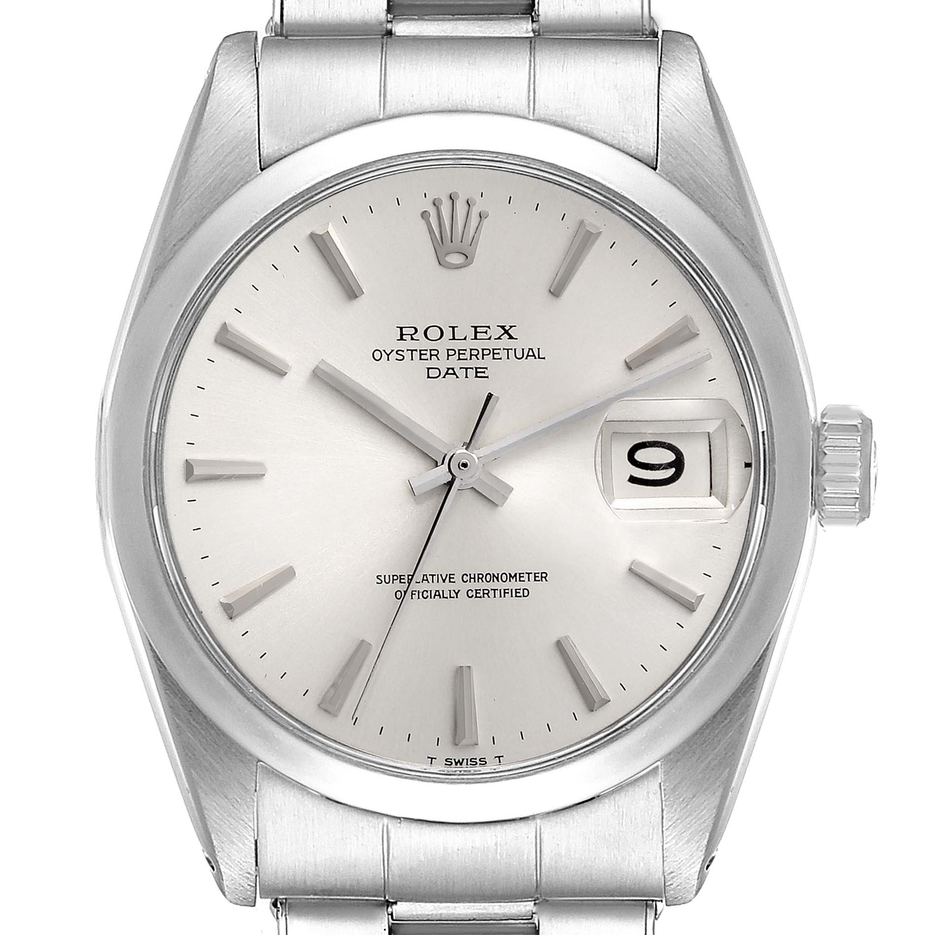 This image shows a frontal view of a Rolex Date 1500 Men's Stainless Steel Silver Dial 1500 Men's Stainless Steel Silver Dial model watch, highlighting the dial, hands, date window, and part of the bracelet.