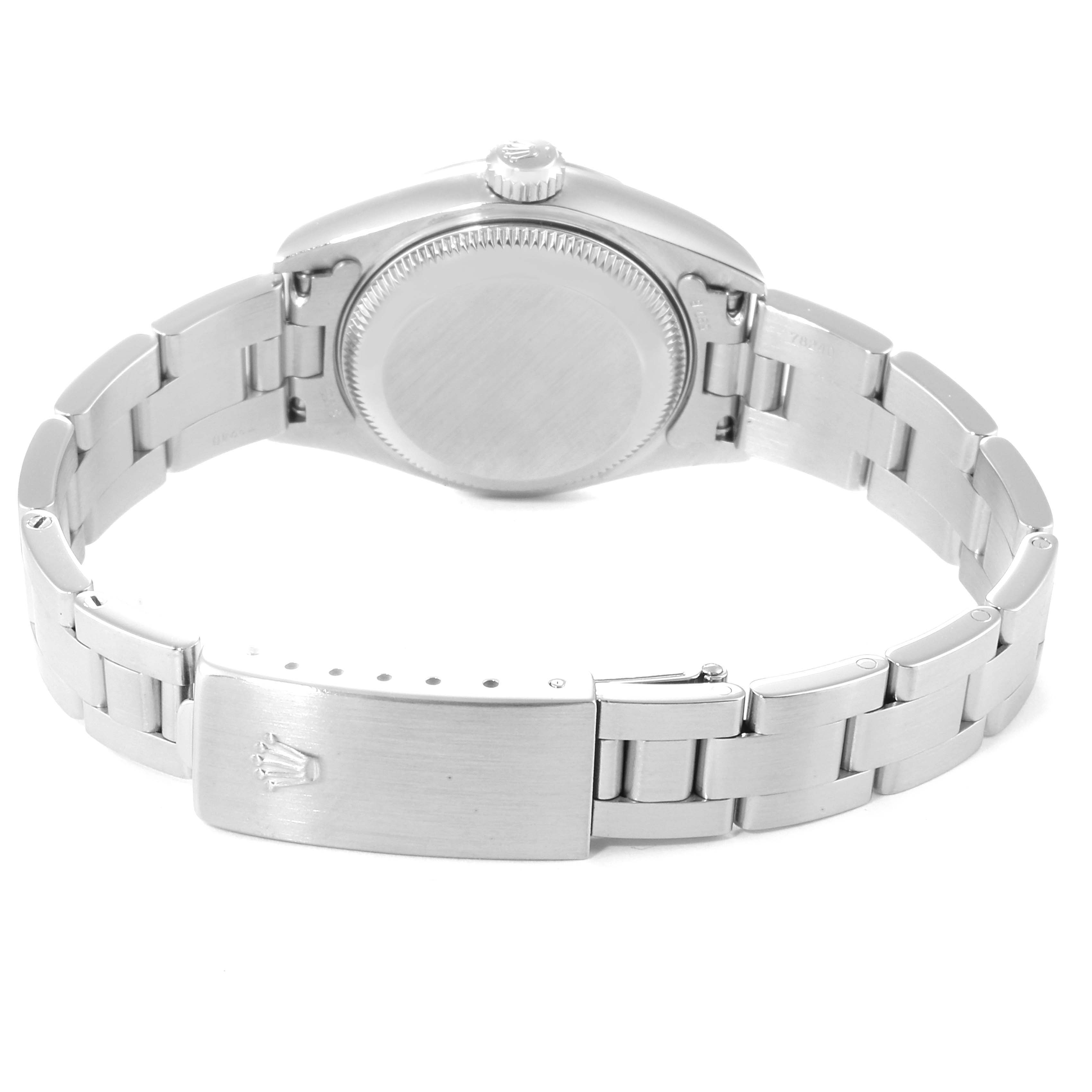 The image shows the back view of a Rolex Date 79190 Women
s Stainless Steel White Dial 79190 Women
s Stainless Steel White Dial model watch, displaying the case back and Oyster bracelet.