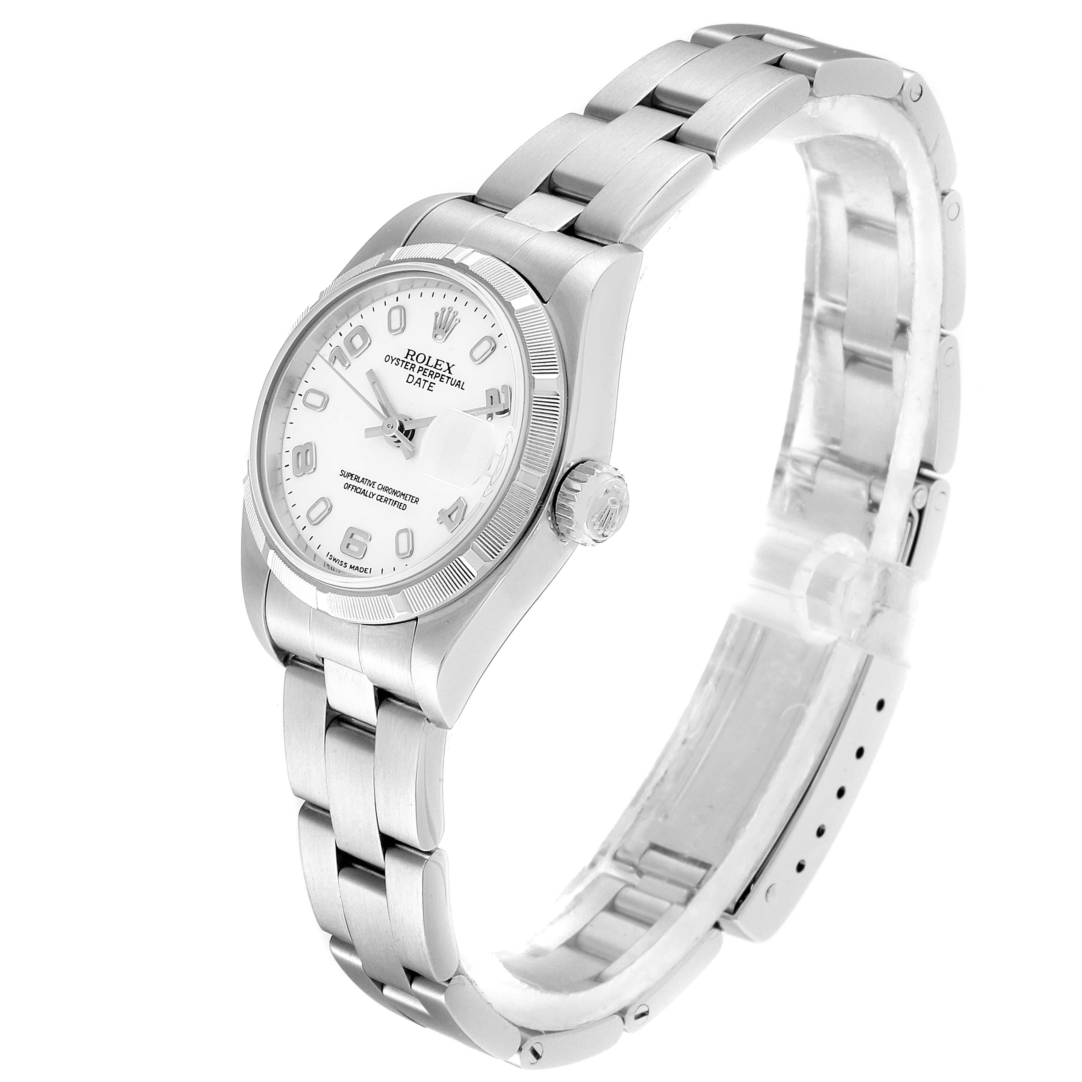 This image shows a Rolex Date 79190 Women
s Stainless Steel White Dial 79190 Women
s Stainless Steel White Dial model watch from an angled side view, highlighting its bracelet, dial, and crown.