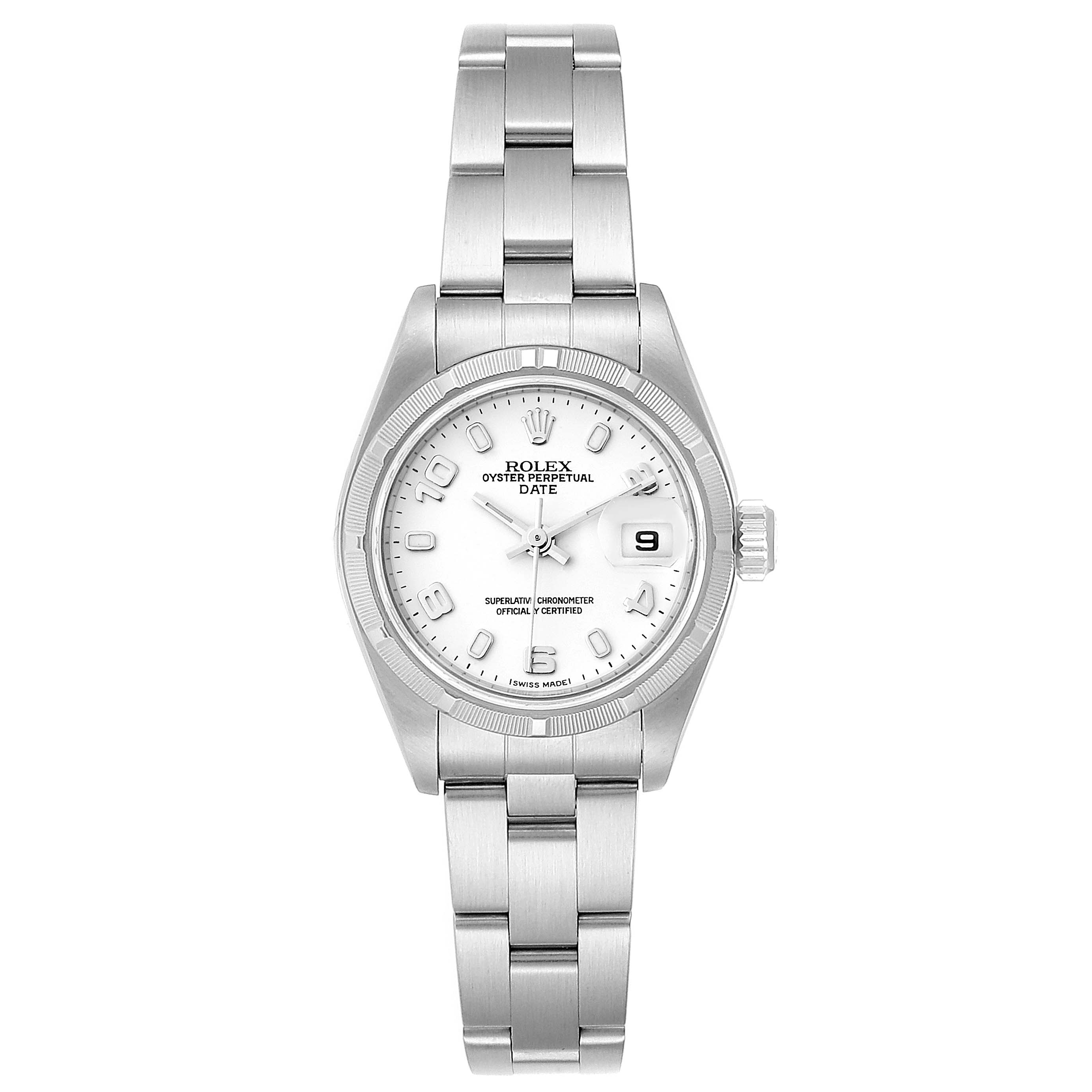 The image shows a front view of a Rolex Date 79190 Women
s Stainless Steel White Dial 79190 Women
s Stainless Steel White Dial model watch, displaying its bracelet, case, dial, and date window.