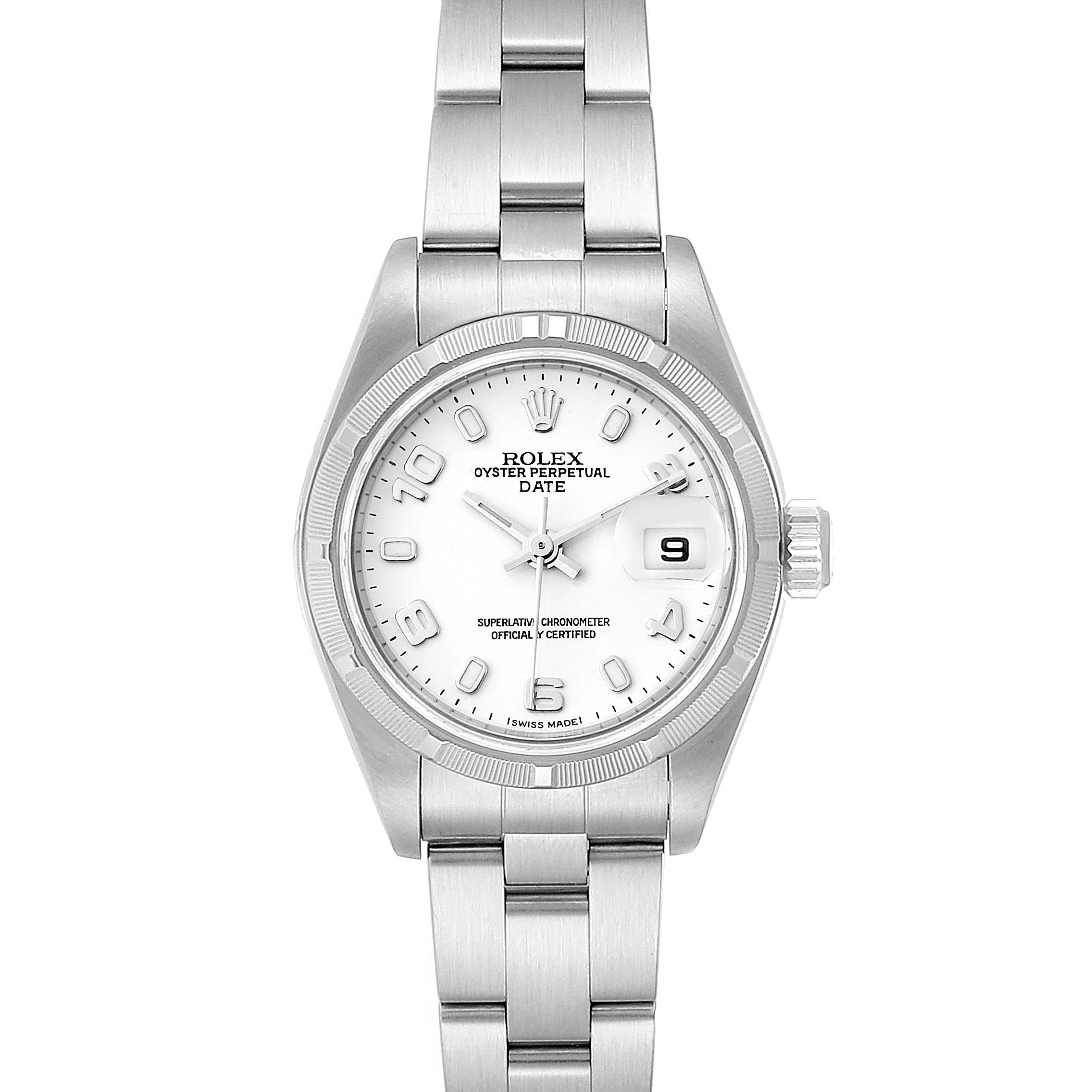 This image shows the front view of a Rolex Oyster Perpetual Date watch, including the dial, bezel, bracelet, and crown.
