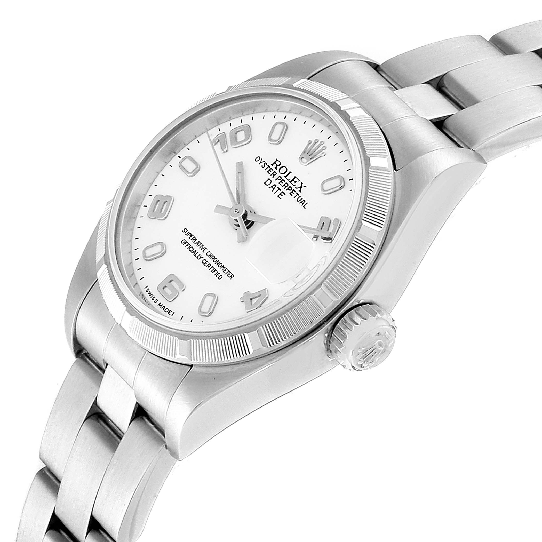 The image shows a side view of a Rolex Date 79190 Women
s Stainless Steel White Dial 79190 Women
s Stainless Steel White Dial model watch, highlighting the dial, crown, and bracelet.