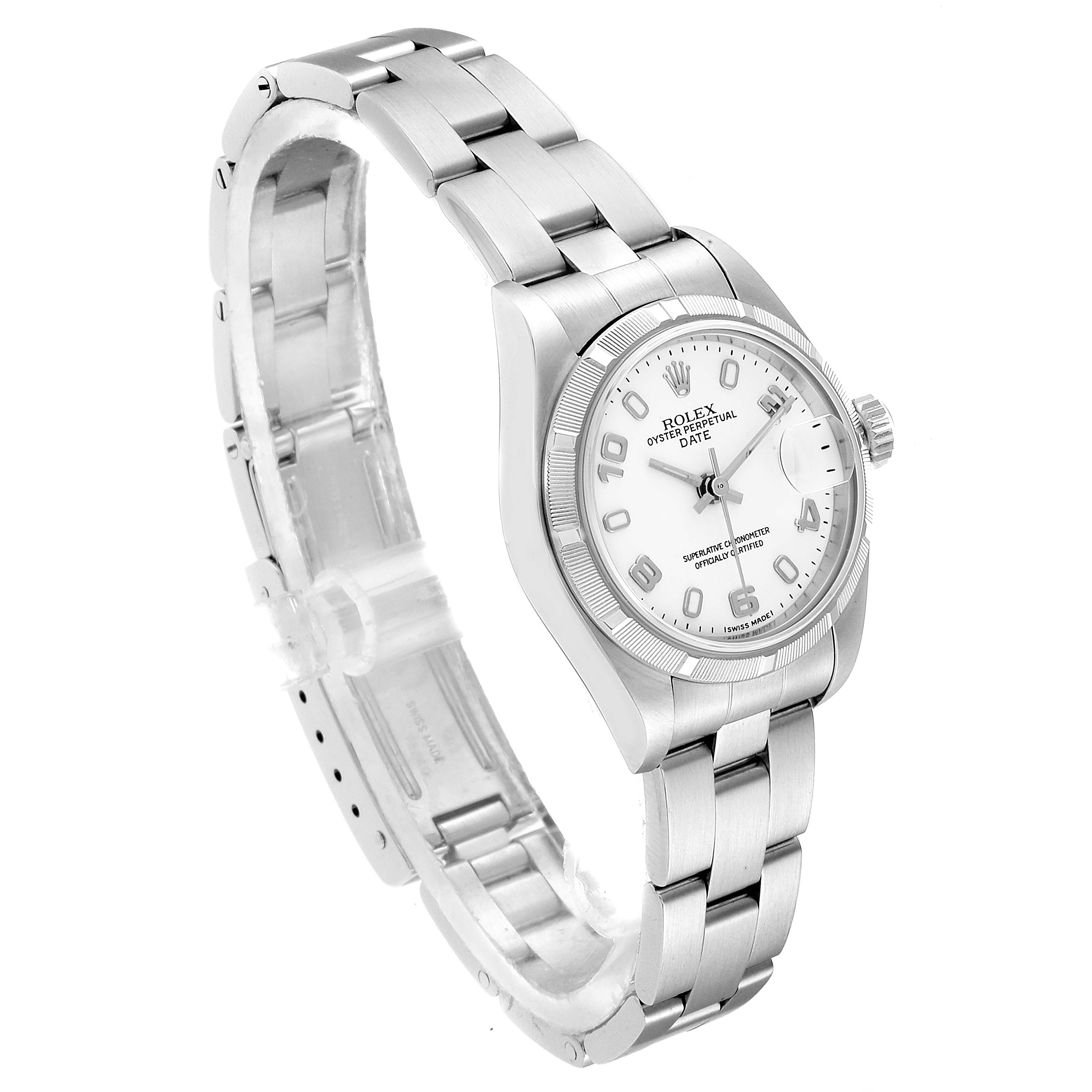 The image shows a side-angle view of a Rolex Date 79190 Women
s Stainless Steel White Dial 79190 Women
s Stainless Steel White Dial model watch displaying the face, bracelet, and clasp.