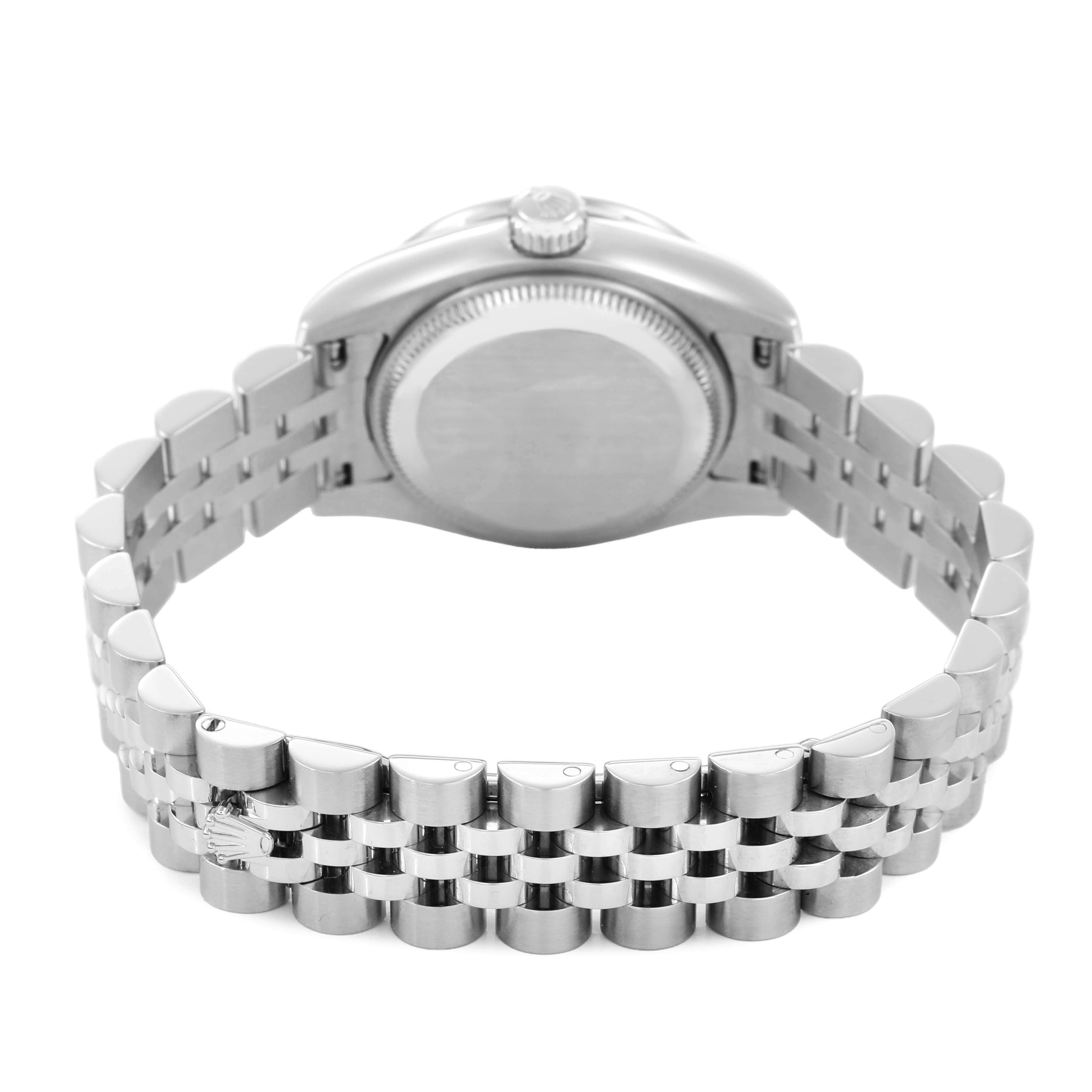 The image shows the back view of a Rolex Datejust 179384 Women's Stainless Steel Pink Dial watch, highlighting the case back, bracelet, and clasp.