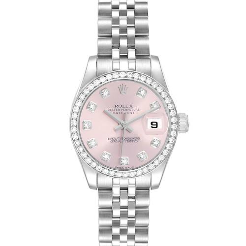 The Rolex Datejust 179384 Women's Stainless Steel Pink Dial watch is shown from a top-down view, highlighting the pink dial, diamond markers, bezel, case, and bracelet.