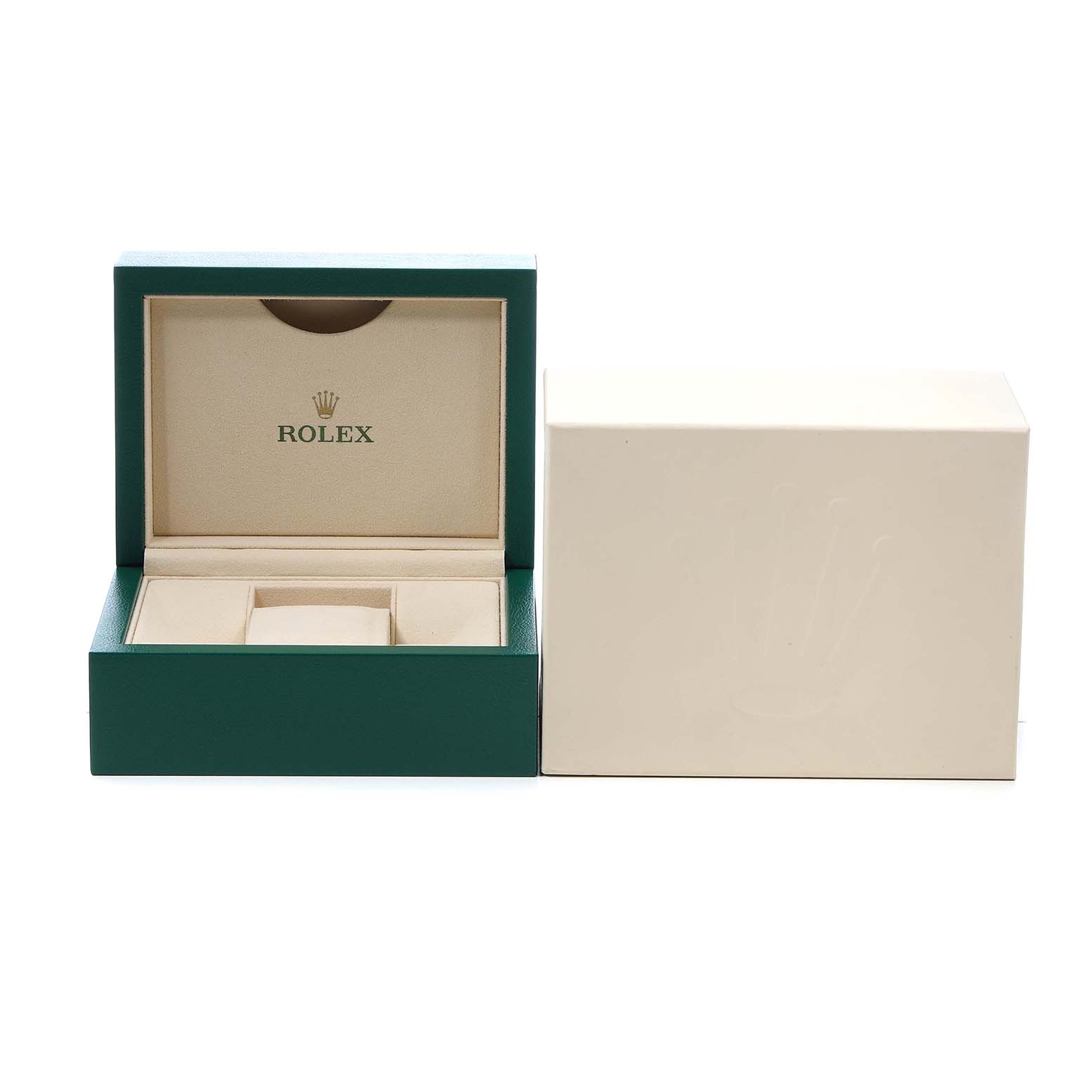 The image shows an open Rolex Datejust 179384 Women's Stainless Steel Pink Dial watch box with an exterior box beside it, both viewed from the front.