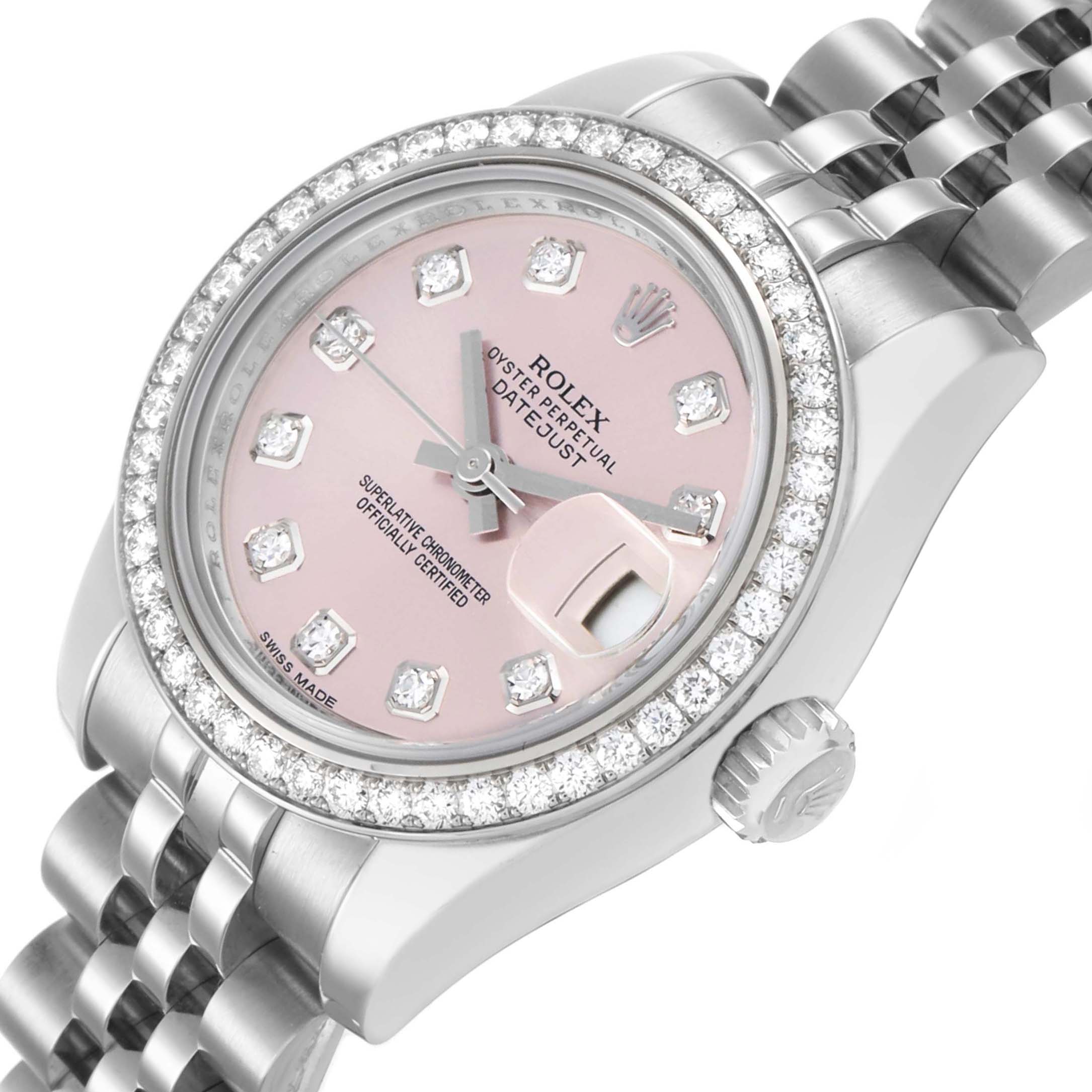 The Rolex Datejust 179384 Women's Stainless Steel Pink Dial watch is shown at an angle, highlighting the pink dial, diamond markers, bezel, and the Jubilee bracelet.
