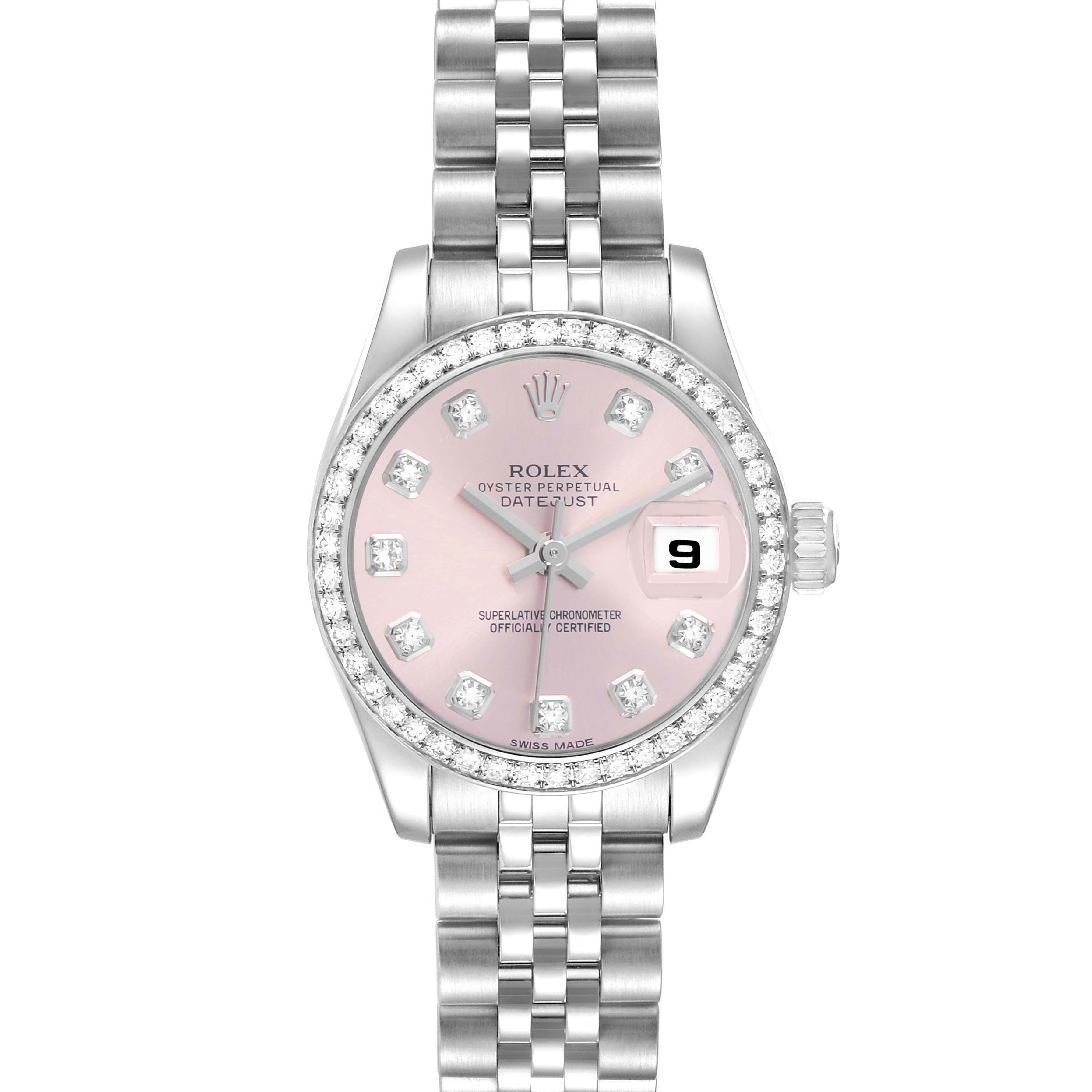 The Rolex Datejust 179384 Women's Stainless Steel Pink Dial watch is shown from the front, highlighting the pink dial, diamond markers, and Jubilee bracelet.