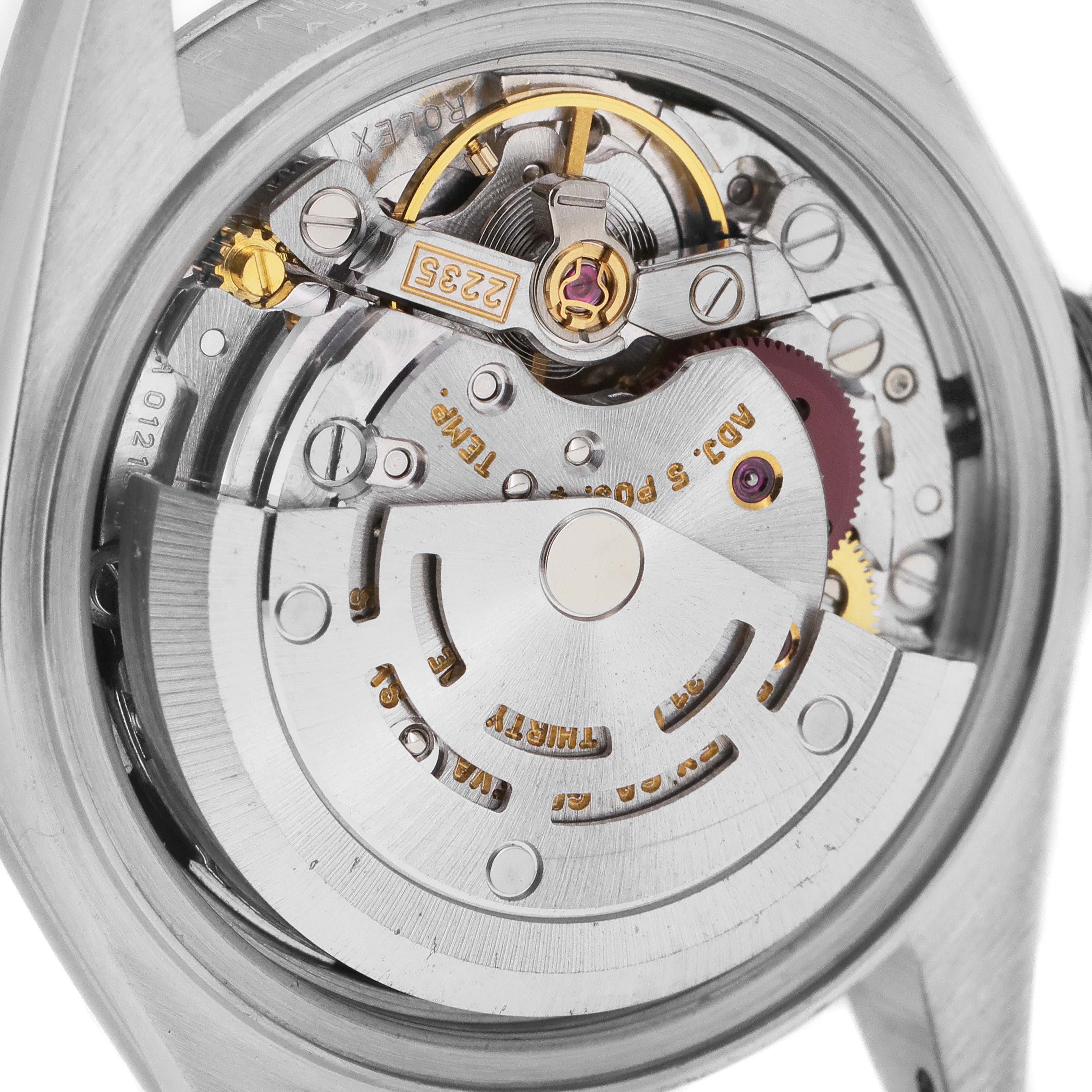 This image shows the inner mechanical movement of a Rolex Datejust 79174 Women
s Stainless Steel Black Dial 79174 Women
s Stainless Steel Black Dial watch, viewed from the back.