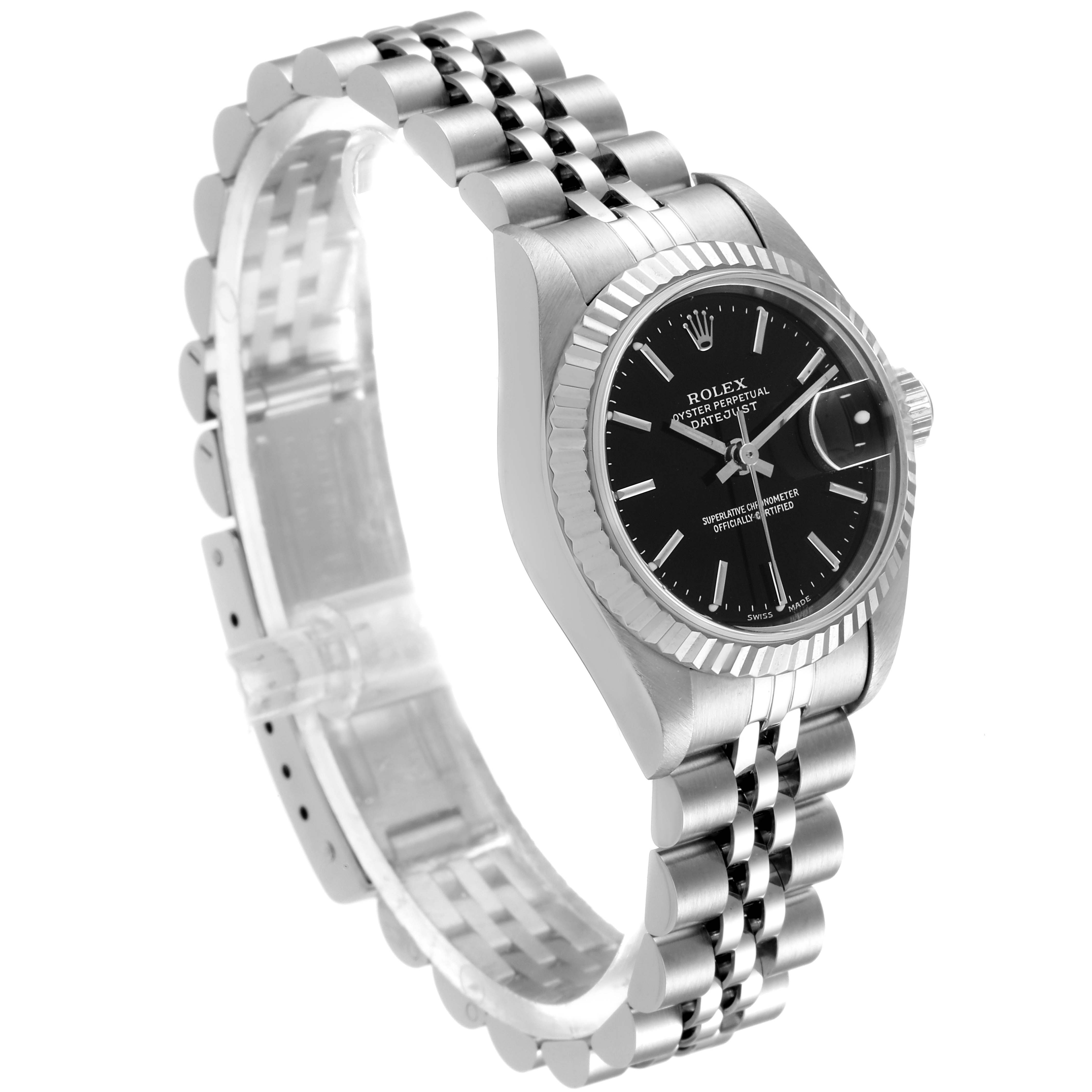 The image shows a Rolex Datejust 79174 Women
s Stainless Steel Black Dial 79174 Women
s Stainless Steel Black Dial watch from a three-quarter angle, highlighting the dial, fluted bezel, and Jubilee bracelet.
