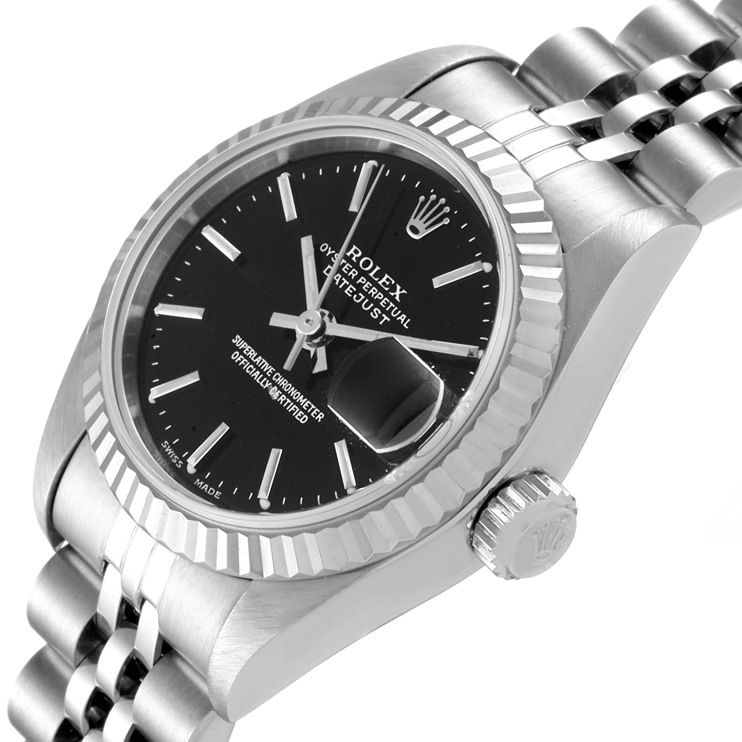 This image shows a Rolex Datejust 79174 Women
s Stainless Steel Black Dial 79174 Women
s Stainless Steel Black Dial watch at an angled view highlighting the face, bezel, crown, and part of the bracelet.