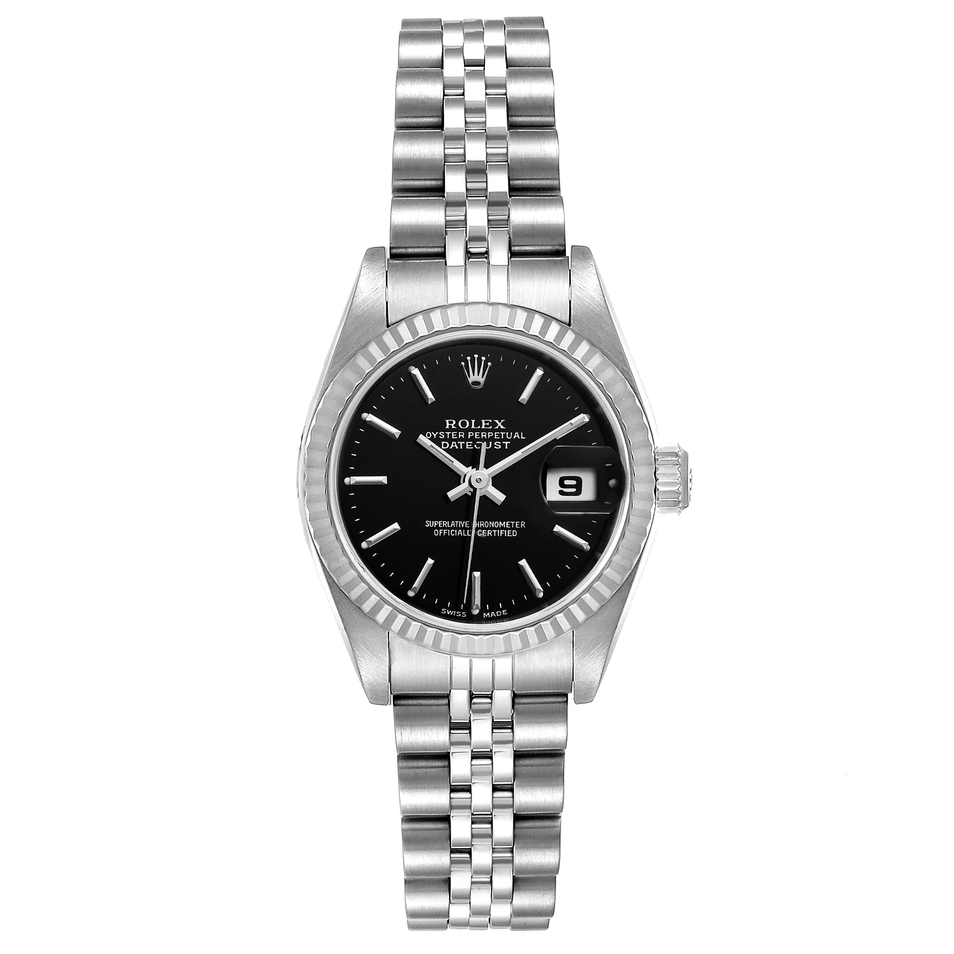 This Rolex Datejust 79174 Women
s Stainless Steel Black Dial 79174 Women
s Stainless Steel Black Dial watch is shown from a front angle, displaying its dial, bezel, and jubilee bracelet.