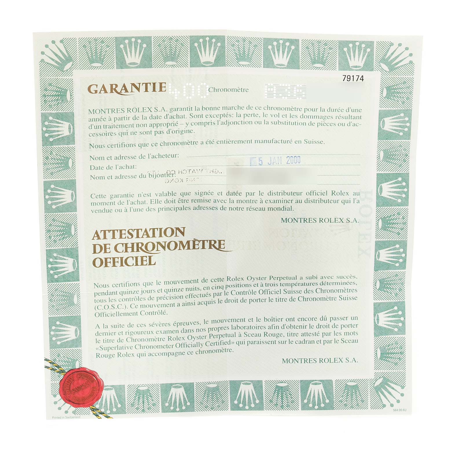 This image shows the guarantee and chronometer certificate paperwork for a Rolex Datejust 79174 Women
s Stainless Steel Black Dial 79174 Women
s Stainless Steel Black Dial watch.