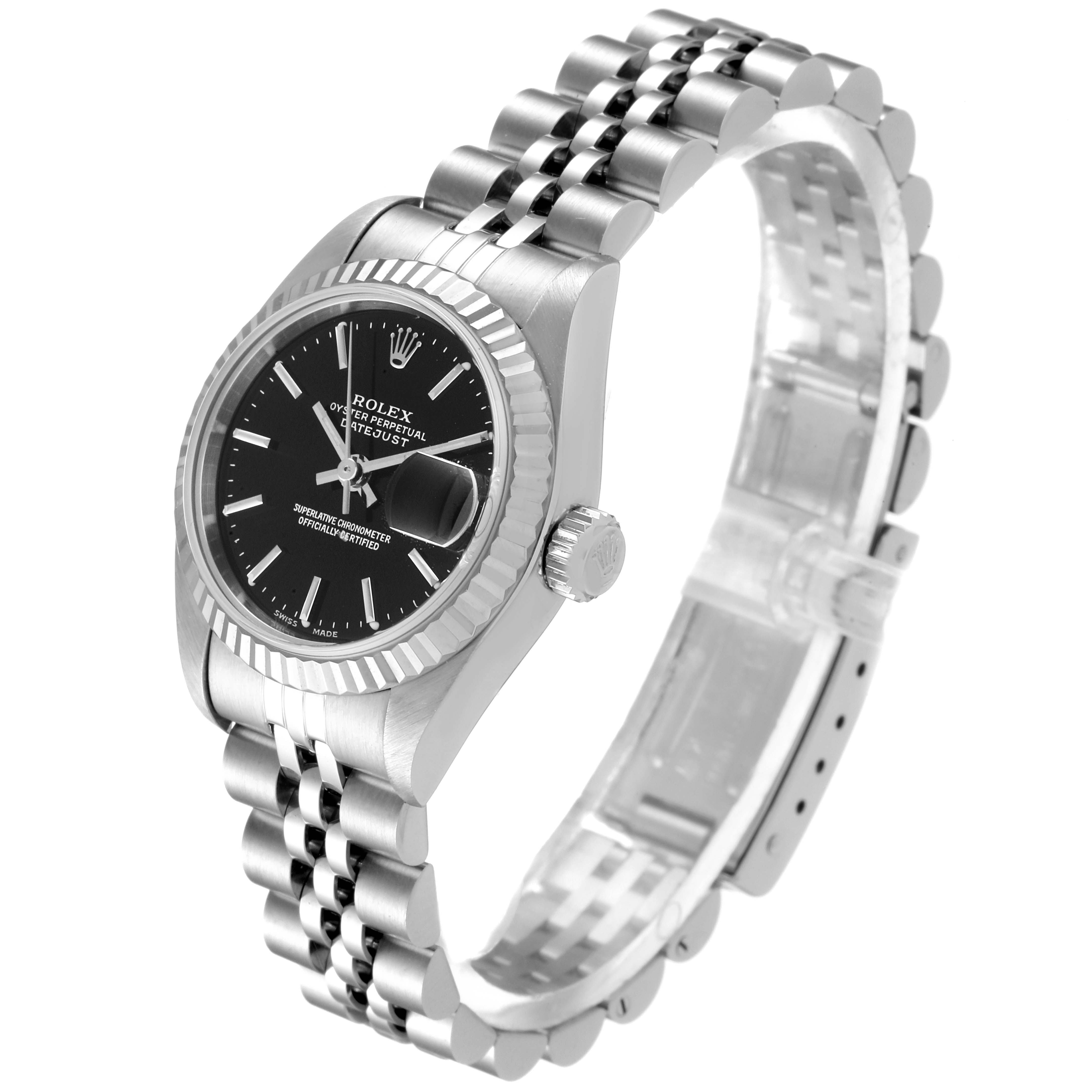 The Rolex Datejust 79174 Women
s Stainless Steel Black Dial 79174 Women
s Stainless Steel Black Dial watch is shown at a three-quarter angle, displaying the face, bezel, crown, and bracelet.