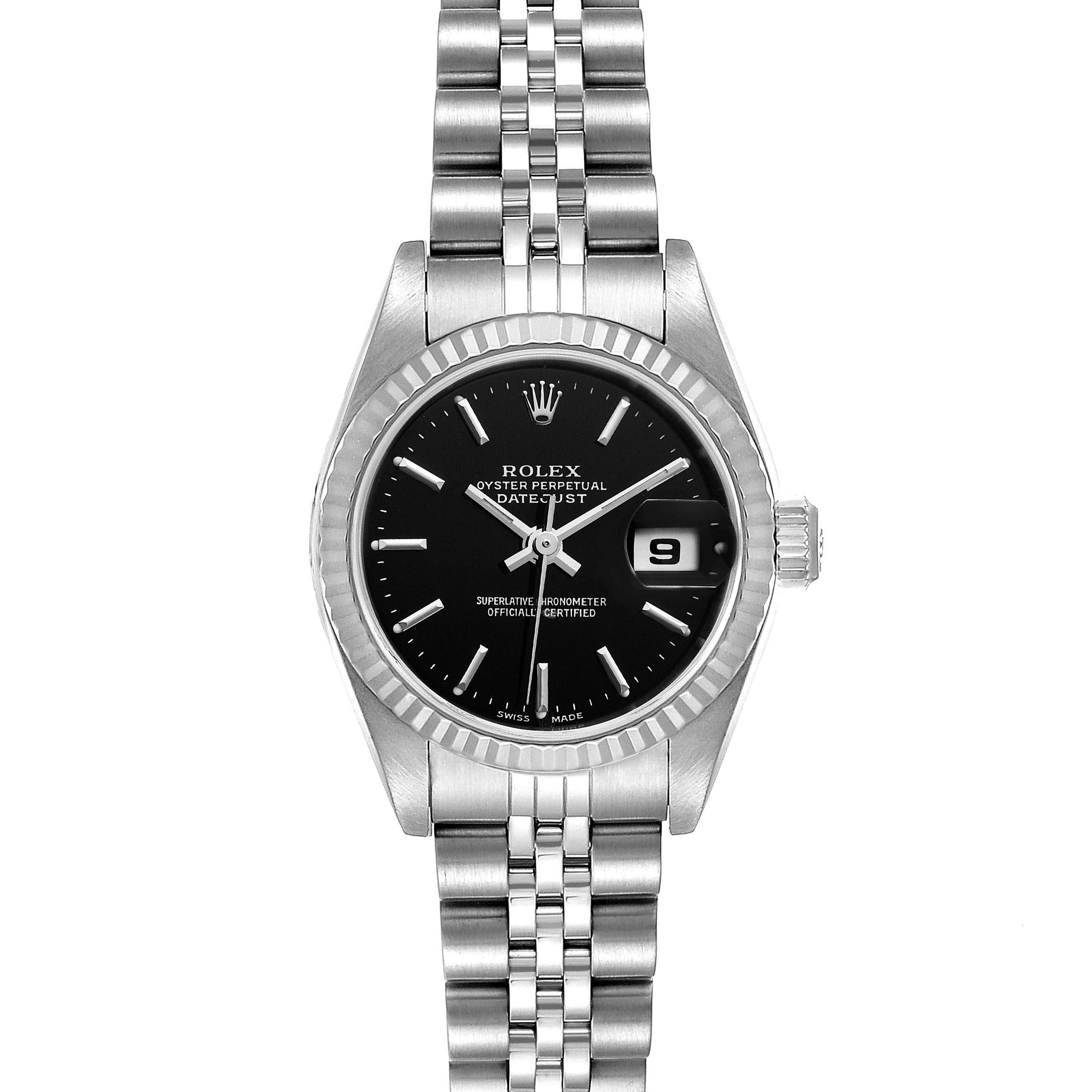 This Rolex Datejust 79174 Women
s Stainless Steel Black Dial 79174 Women
s Stainless Steel Black Dial watch is shown from a front angle, displaying the black dial, fluted bezel, and stainless steel jubilee bracelet.