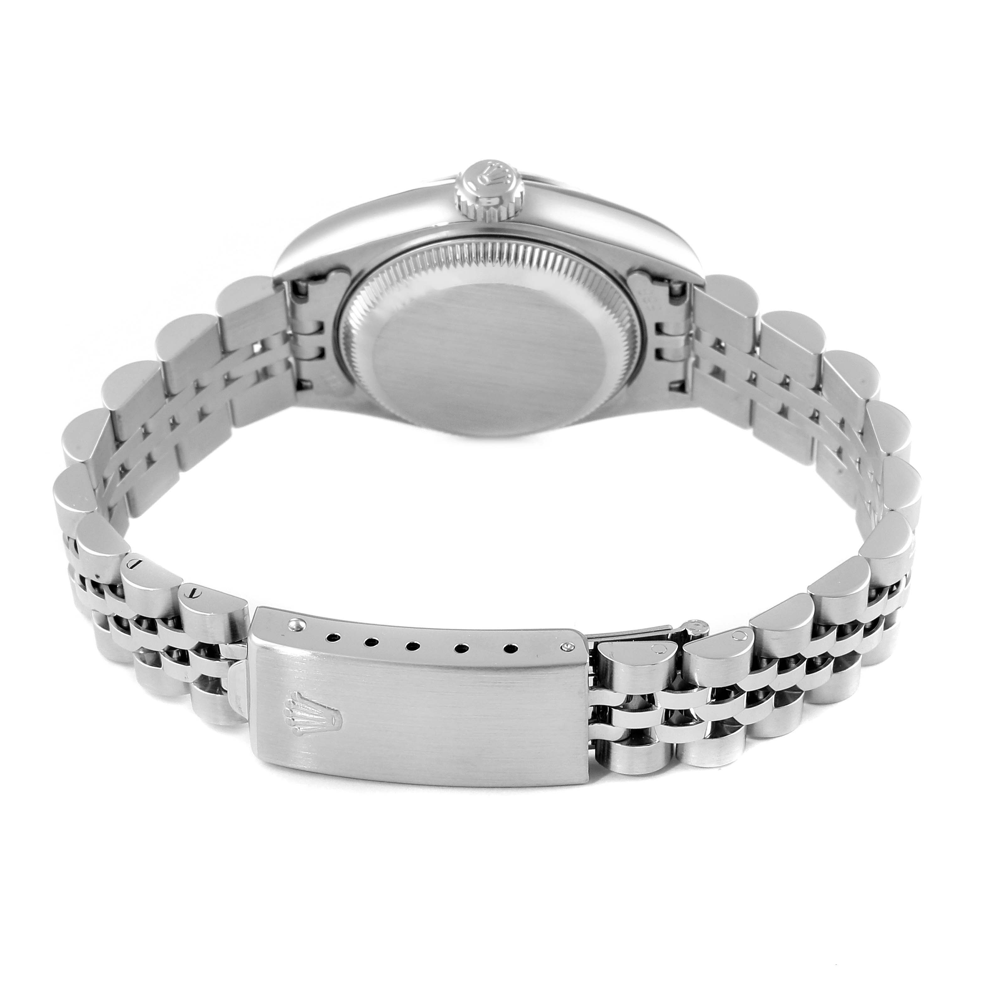 The image shows the back view of a Rolex Datejust 79174 Women
s Stainless Steel Black Dial 79174 Women
s Stainless Steel Black Dial watch, prominently featuring its clasp and bracelet.