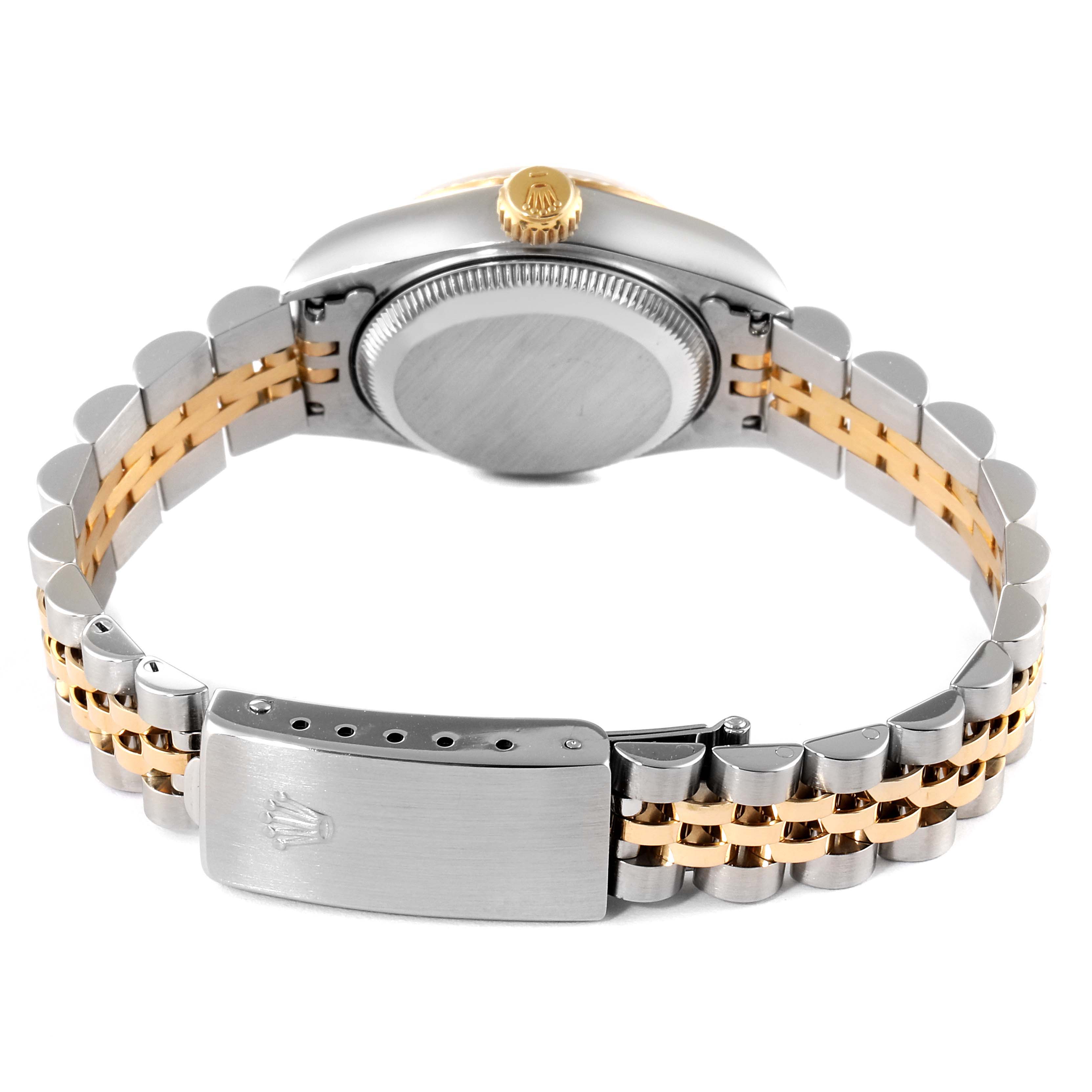 The image shows the case back, crown, and Jubilee bracelet with a clasp of a Rolex Datejust 69173 Women
s Steel and Gold (two tone) Champagne Dial 69173 Women
s Steel and Gold (two tone) Champagne Dial watch, viewed from the underside.