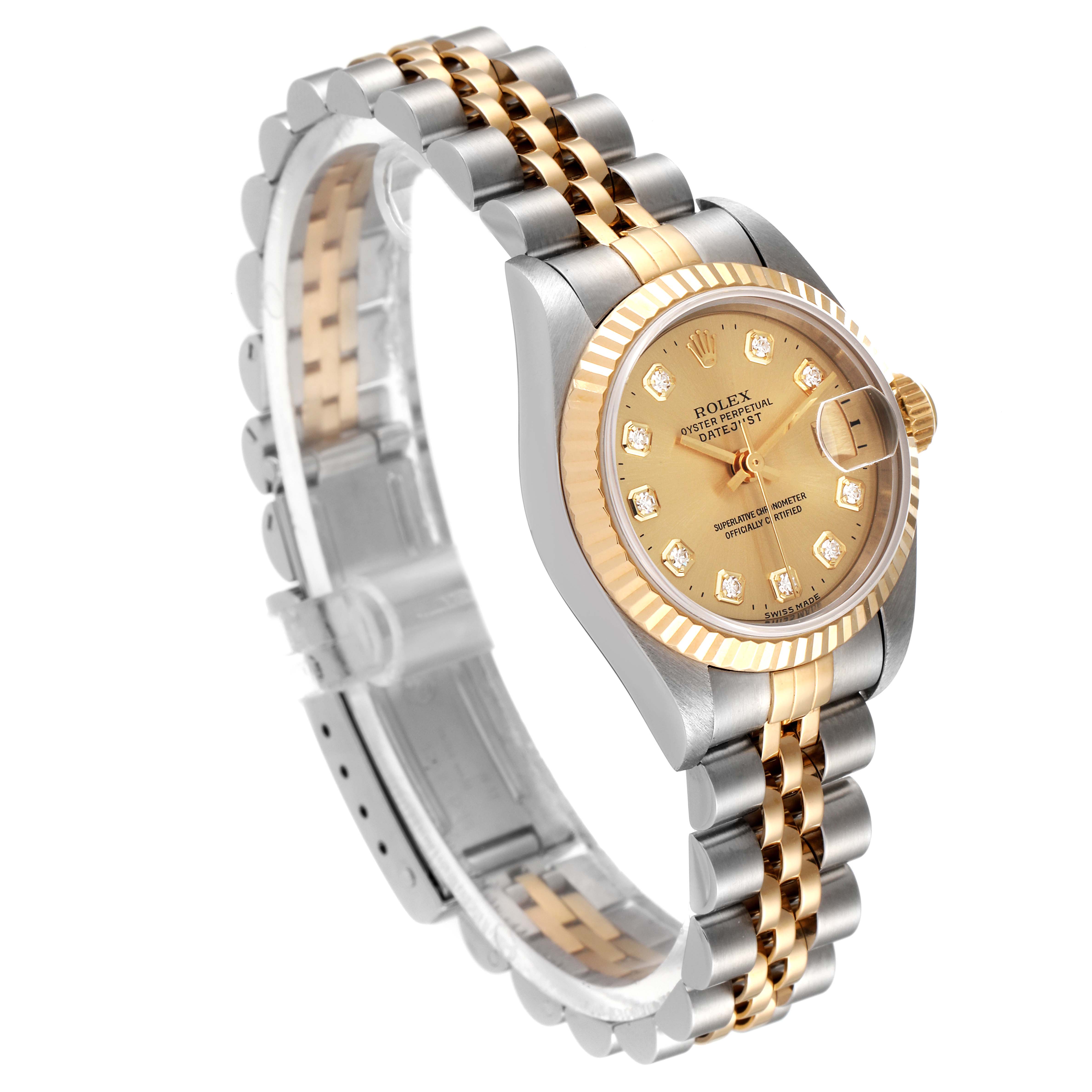 This image shows an angled view of a Rolex Datejust 69173 Women
s Steel and Gold (two tone) Champagne Dial 69173 Women
s Steel and Gold (two tone) Champagne Dial watch, highlighting its face, bezel, and two-tone bracelet.