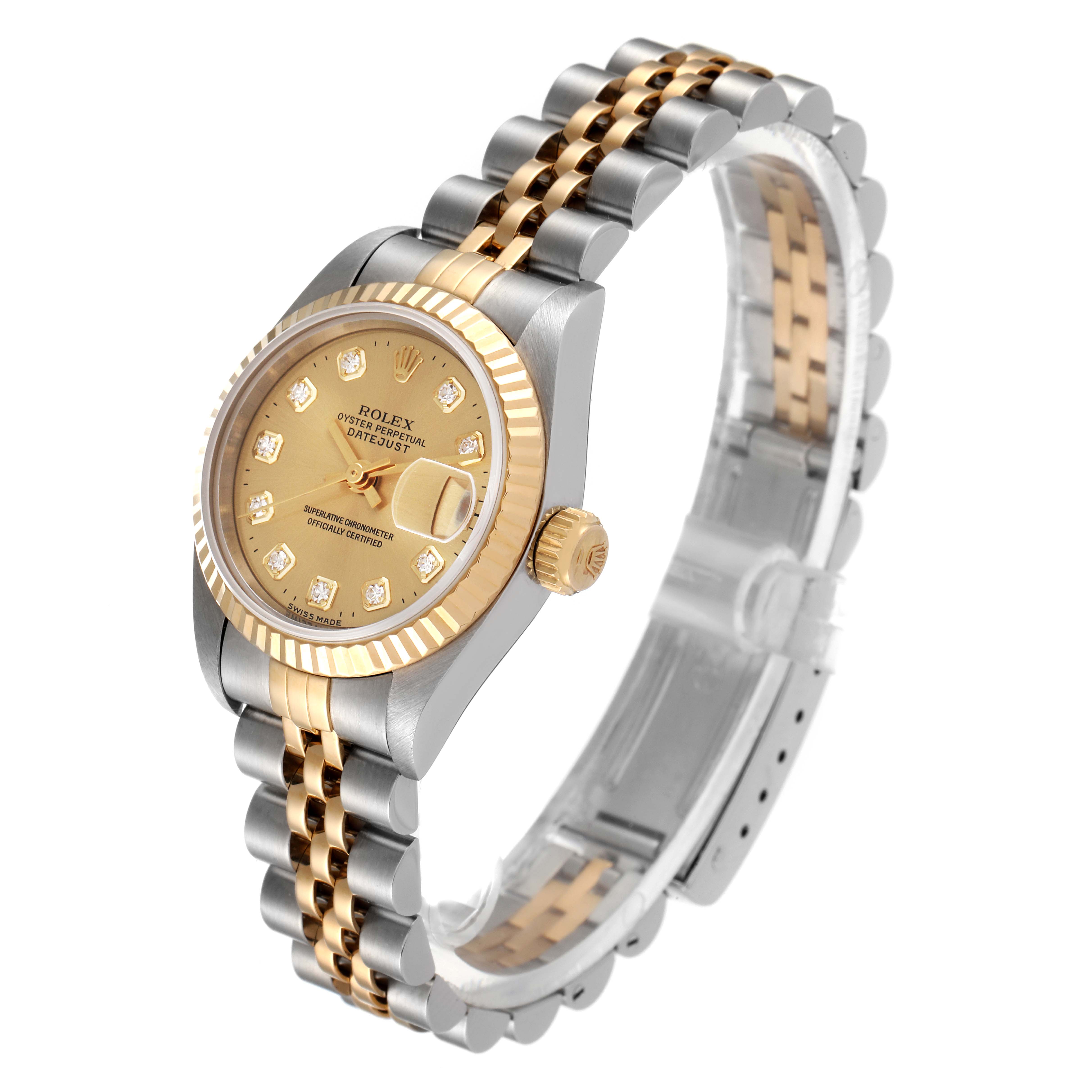 The image shows a side angle of the Rolex Datejust 69173 Women
s Steel and Gold (two tone) Champagne Dial 69173 Women
s Steel and Gold (two tone) Champagne Dial watch, featuring its dial, case, crown, and Jubilee bracelet.