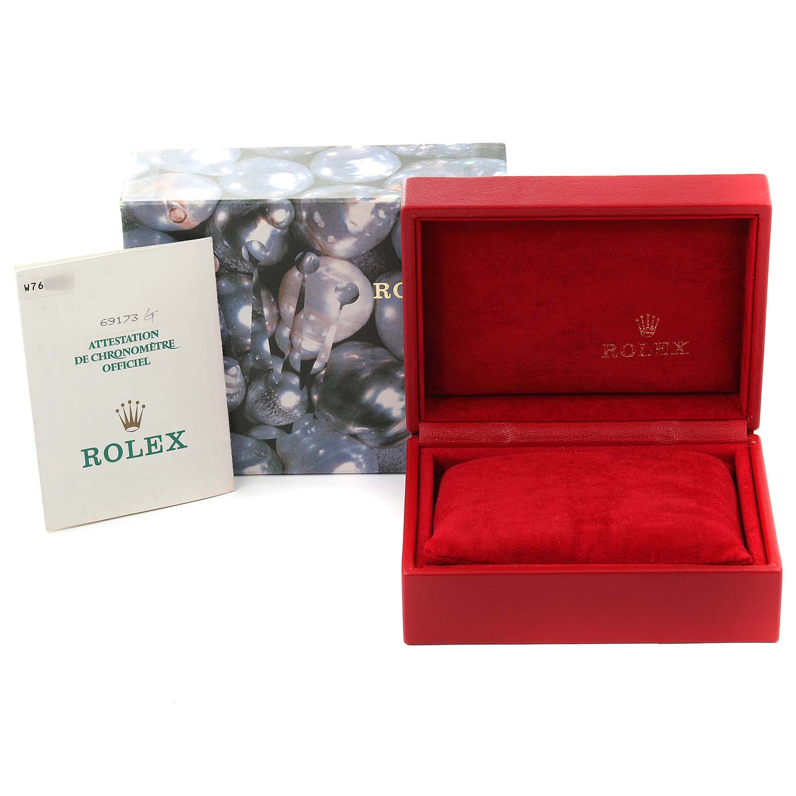 The image shows a Rolex Datejust 69173 Women
s Steel and Gold (two tone) Champagne Dial 69173 Women
s Steel and Gold (two tone) Champagne Dial packaging, featuring the watch box, outer box, and an Best Quality
ity booklet.