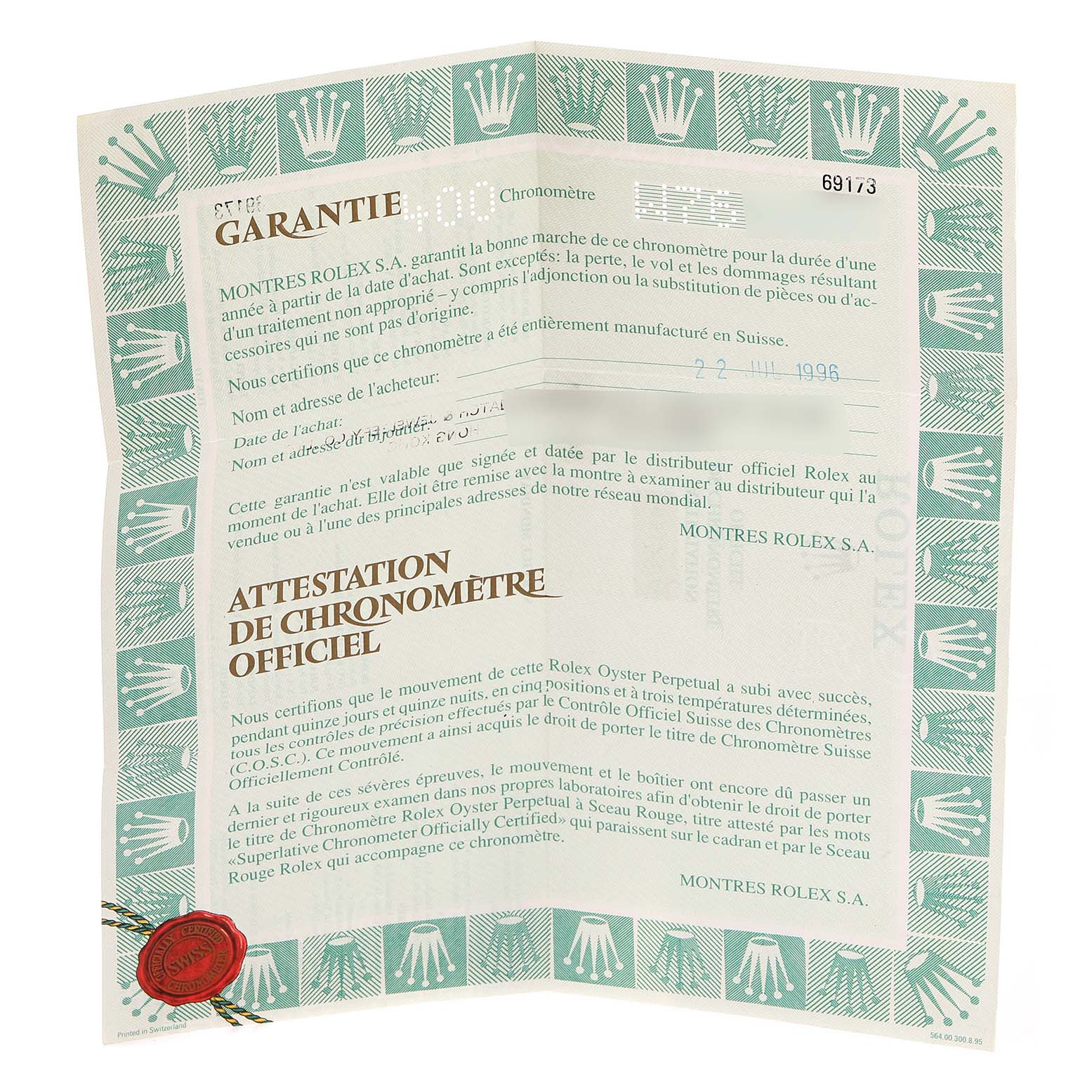 The image shows a warranty and chronometer certification document for a Rolex Datejust 69173 Women
s Steel and Gold (two tone) Champagne Dial 69173 Women
s Steel and Gold (two tone) Champagne Dial watch.