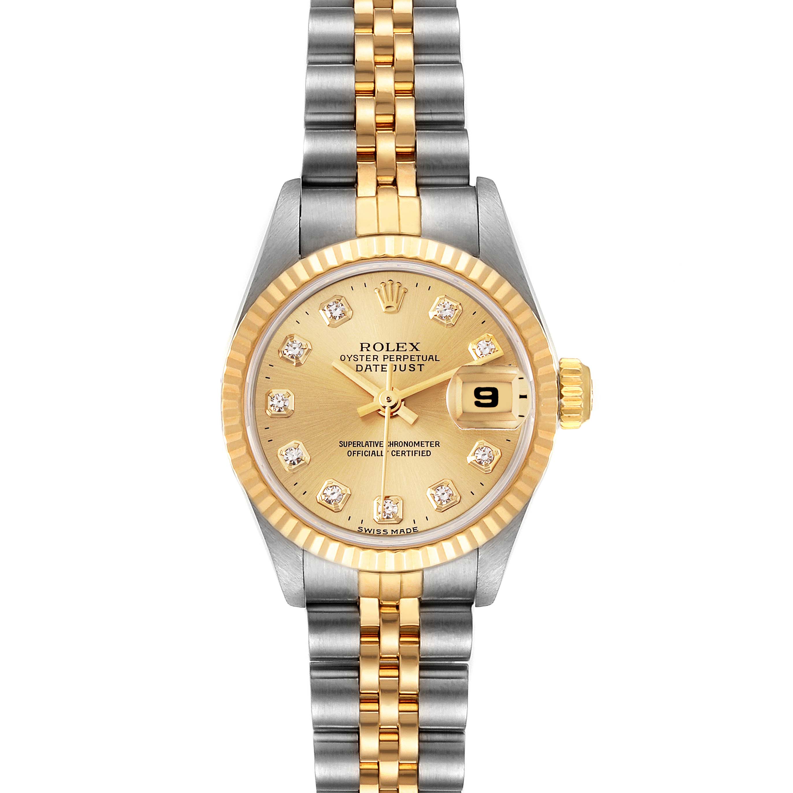 This is a front view of a Rolex Datejust 69173 Women
s Steel and Gold (two tone) Champagne Dial 69173 Women
s Steel and Gold (two tone) Champagne Dial watch, showcasing the dial, bezel, crown, and two-tone bracelet.