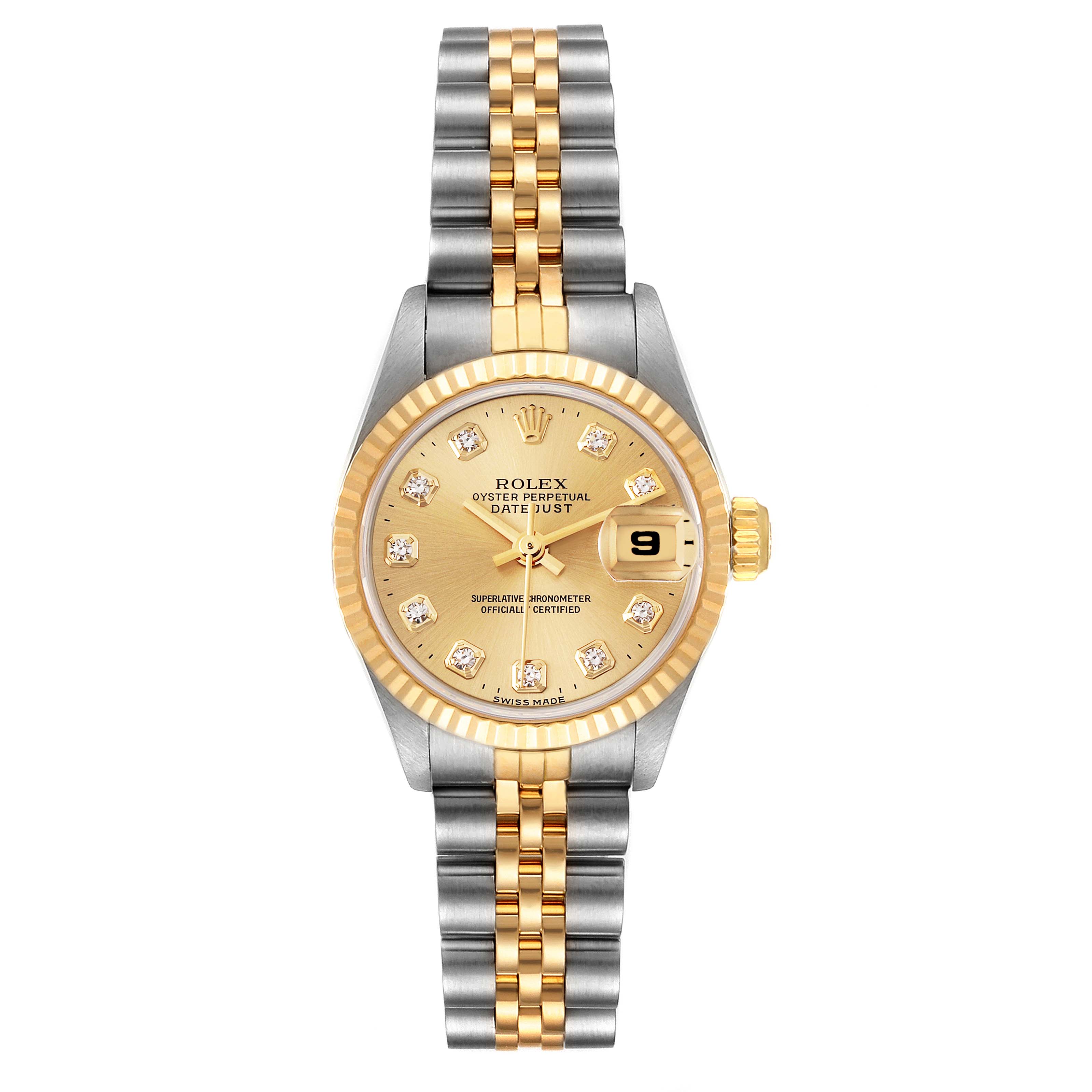 The Rolex Datejust 69173 Women
s Steel and Gold (two tone) Champagne Dial 69173 Women
s Steel and Gold (two tone) Champagne Dial watch is shown from a front angle, displaying its two-tone bracelet, gold dial, and date window.
