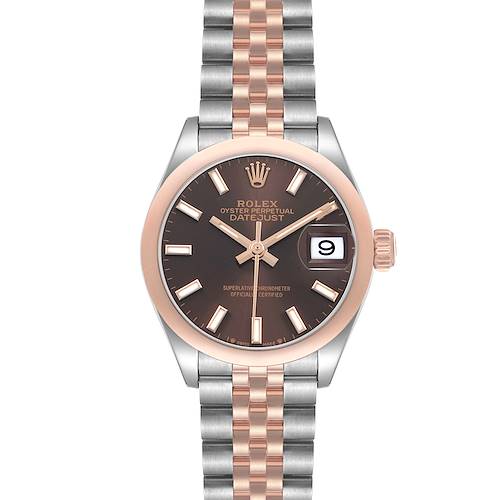 The Rolex Datejust 279161 Women's Steel and Gold (two tone) Brown Dial watch is shown from the front, highlighting the dial, bezel, bracelet, hands, and date window.