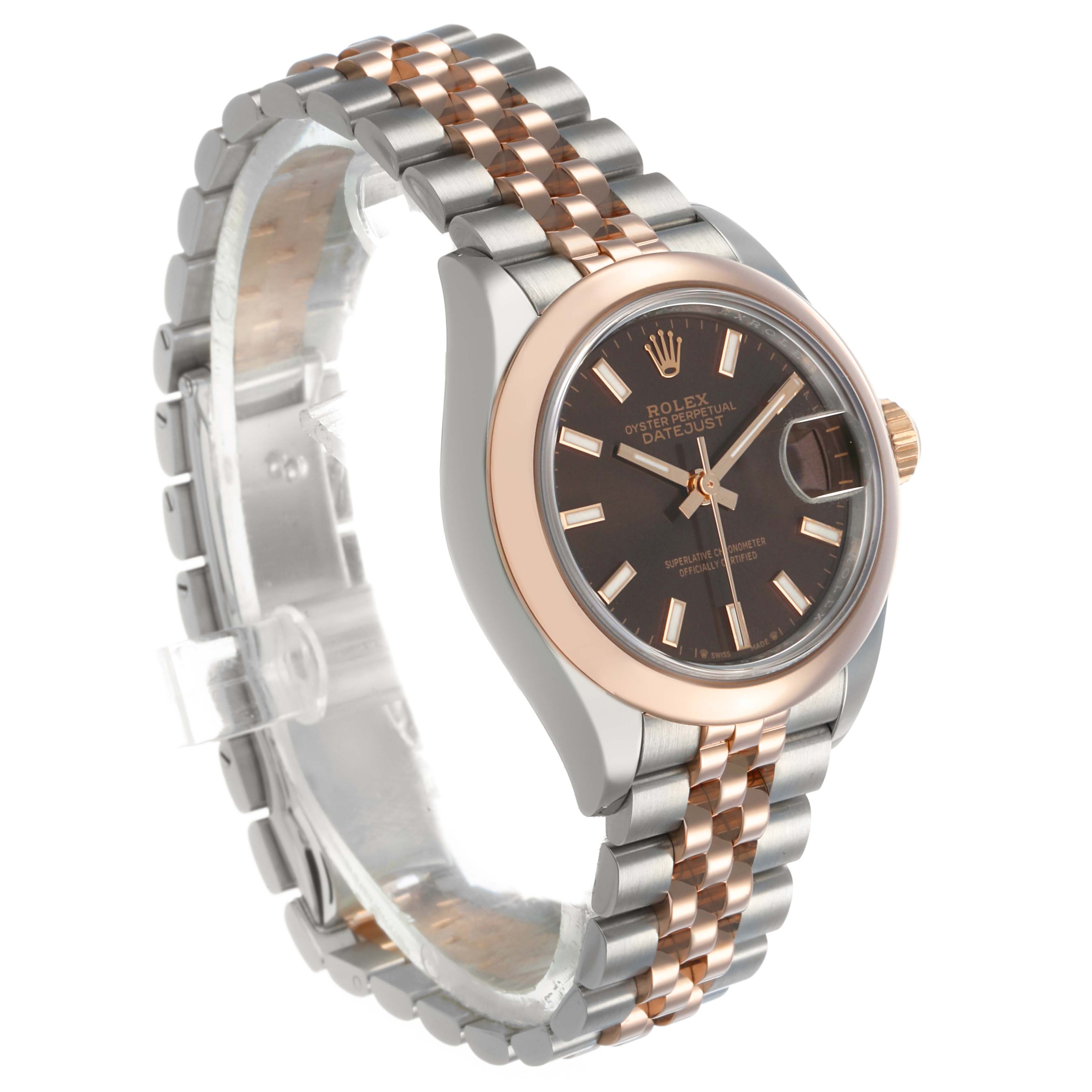 The Rolex Datejust 279161 Women's Steel and Gold (two tone) Brown Dial watch is shown at a three-quarter angle, highlighting the face, bezel, crown, and bracelet.