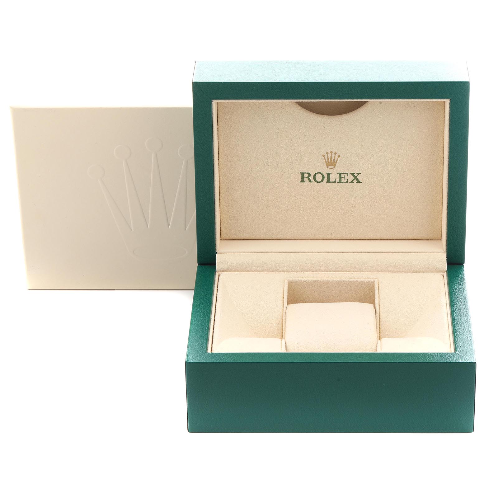 The image shows an open Rolex box for a Mid-Size model with a cushion and logo on the lid.