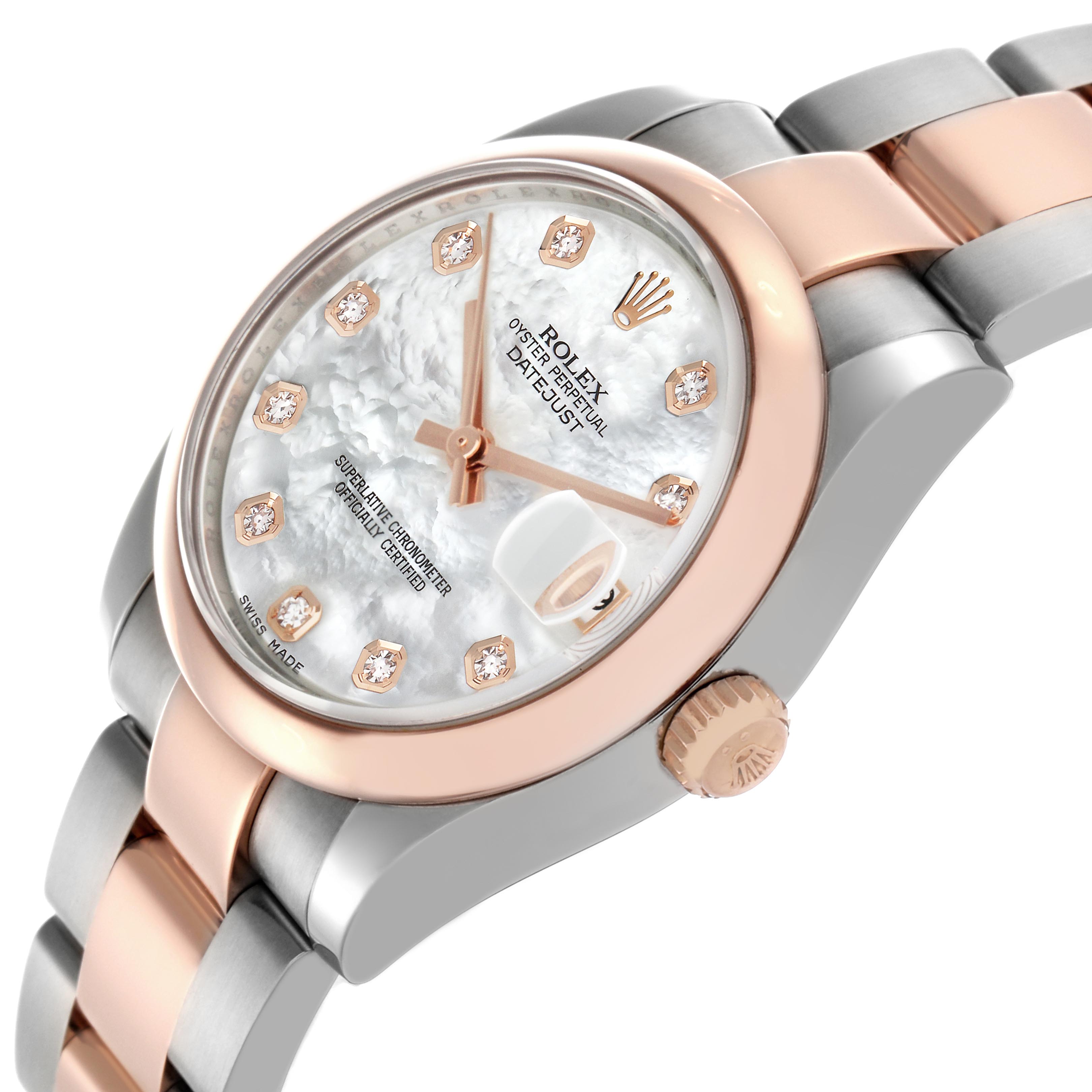 The Rolex Mid-Size 178241 Women's Steel and Gold (two tone) Mother of Pearl Dial 178241 Women's Steel and Gold (two tone) Mother of Pearl Dial watch is shown at a three-quarter angle, highlighting the dial, bezel, crown, and bracelet links.