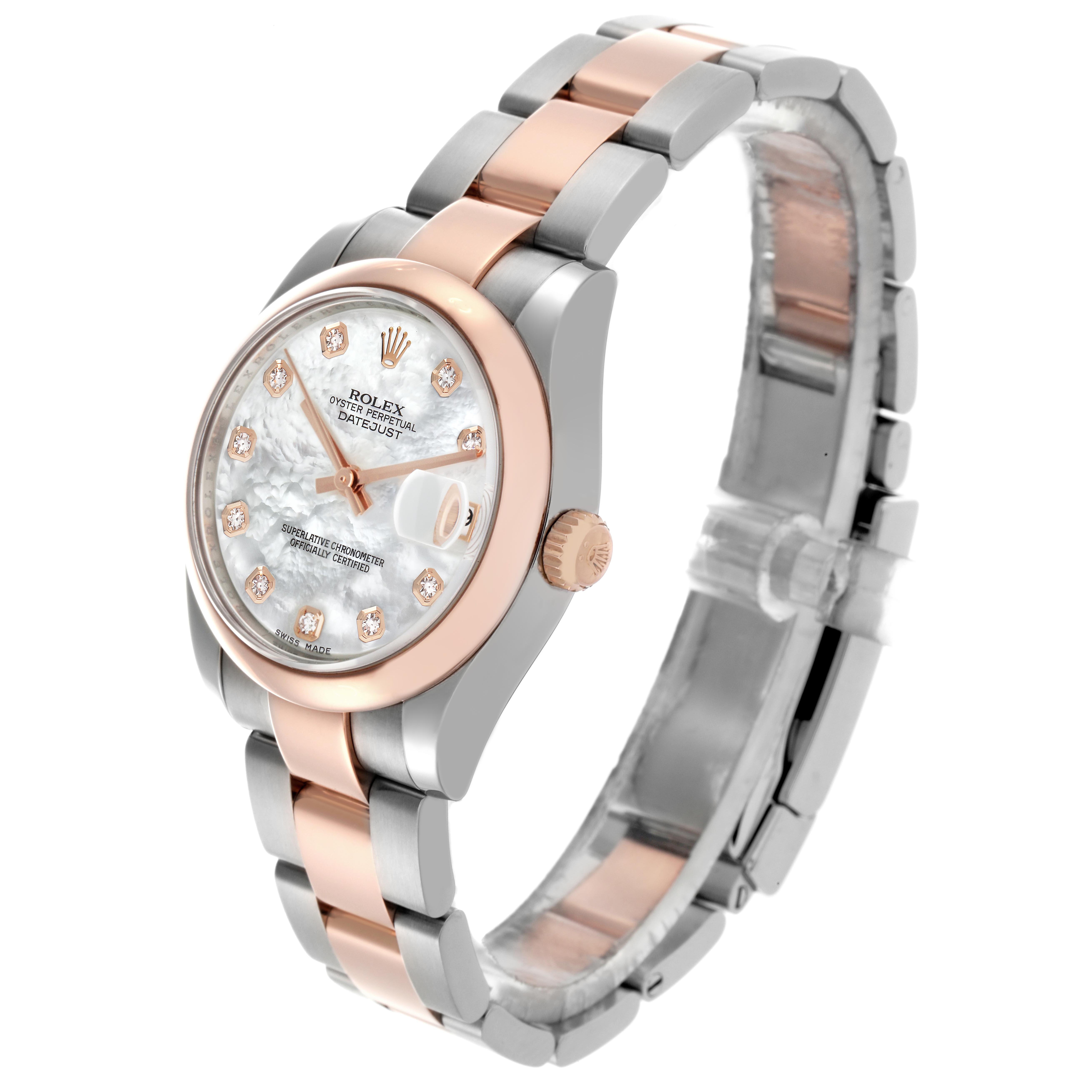 The Rolex Mid-Size 178241 Women's Steel and Gold (two tone) Mother of Pearl Dial 178241 Women's Steel and Gold (two tone) Mother of Pearl Dial watch is shown at a three-quarter angle, highlighting its bracelet, dial, and crown.