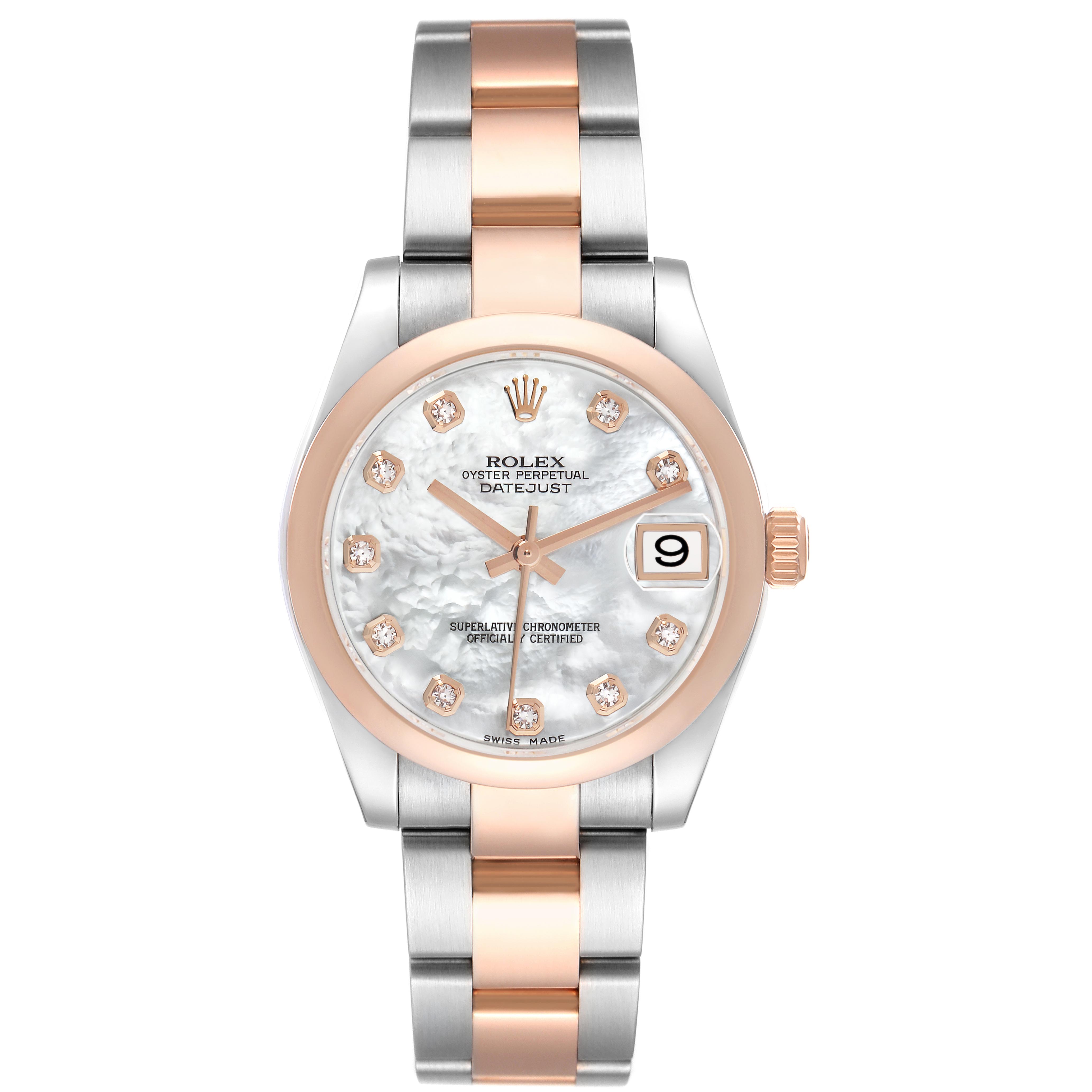 The Rolex Mid-Size 178241 Women's Steel and Gold (two tone) Mother of Pearl Dial 178241 Women's Steel and Gold (two tone) Mother of Pearl Dial Datejust is shown from a front angle, highlighting its dial, bezel, and two-tone bracelet.