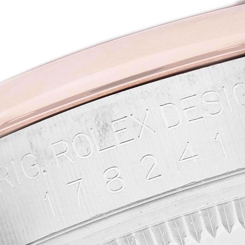 The image shows the case back of a Rolex Mid-Size 178241 Women's Steel and Gold (two tone) Mother of Pearl Dial 178241 Women's Steel and Gold (two tone) Mother of Pearl Dial, focusing on the model number engraving.