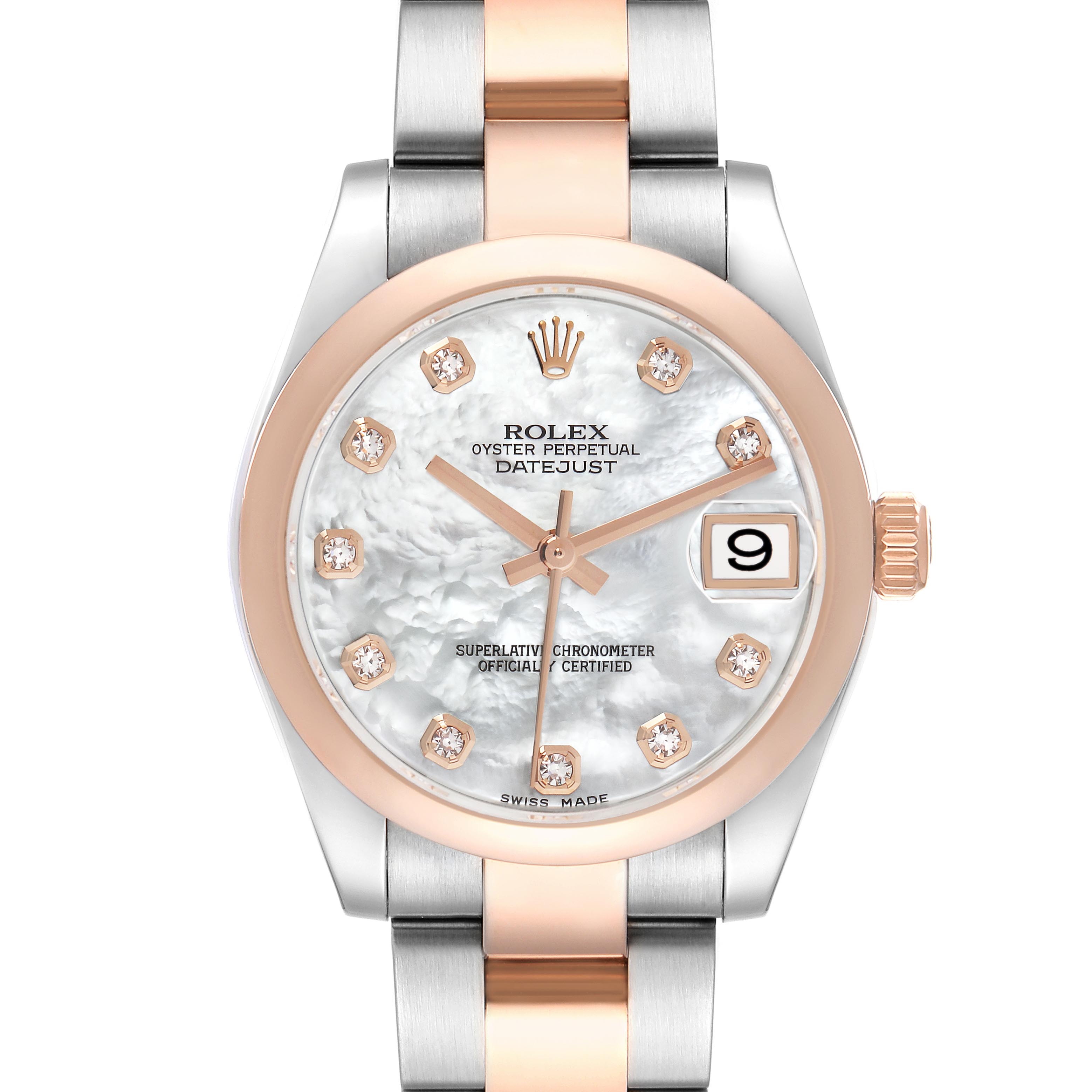 The Rolex Datejust Mid-Size watch is shown from a front angle, highlighting the dial, bezel, and bracelet.