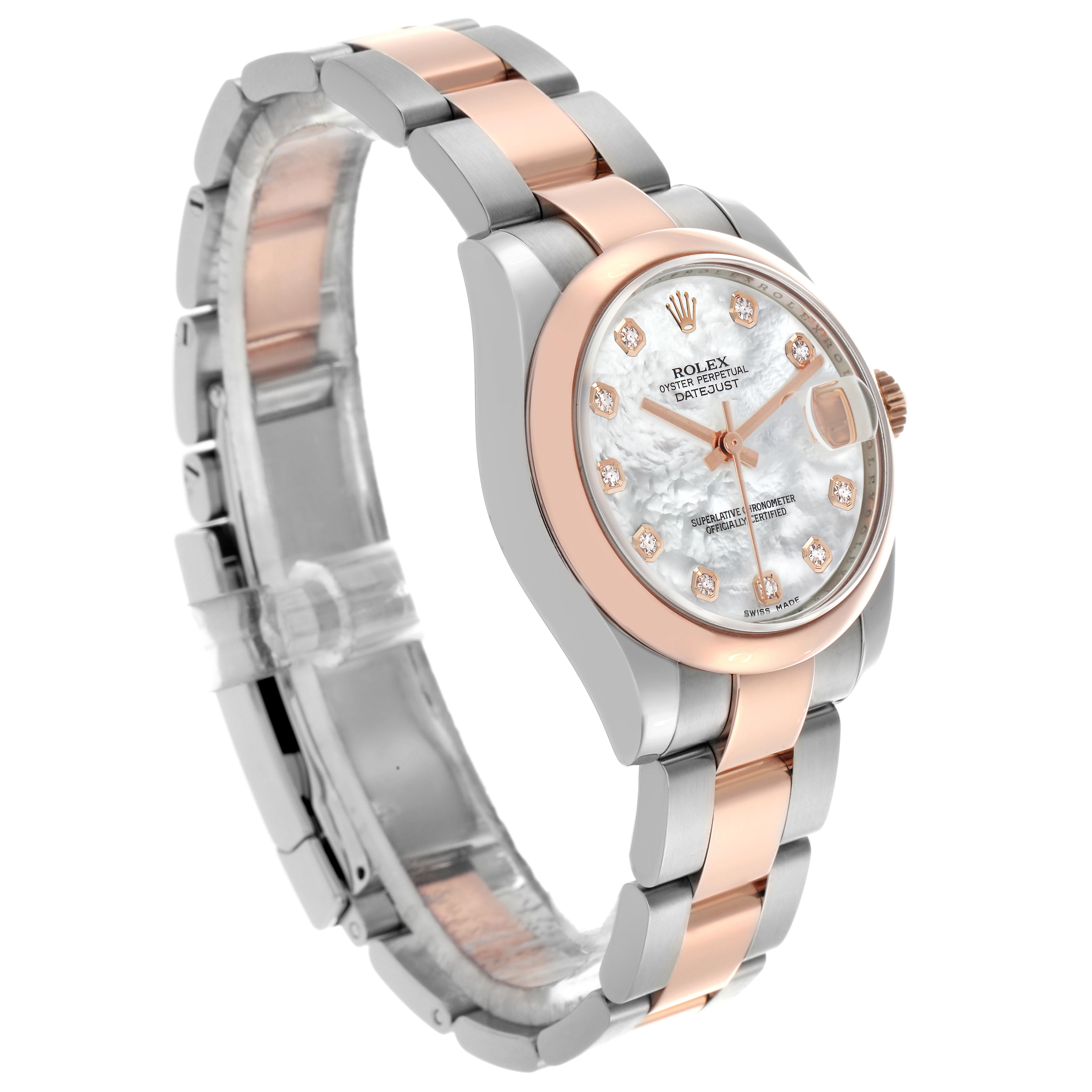 The Rolex Mid-Size 178241 Women's Steel and Gold (two tone) Mother of Pearl Dial 178241 Women's Steel and Gold (two tone) Mother of Pearl Dial watch is shown at a three-quarter angle displaying its face, bezel, and part of the bracelet.