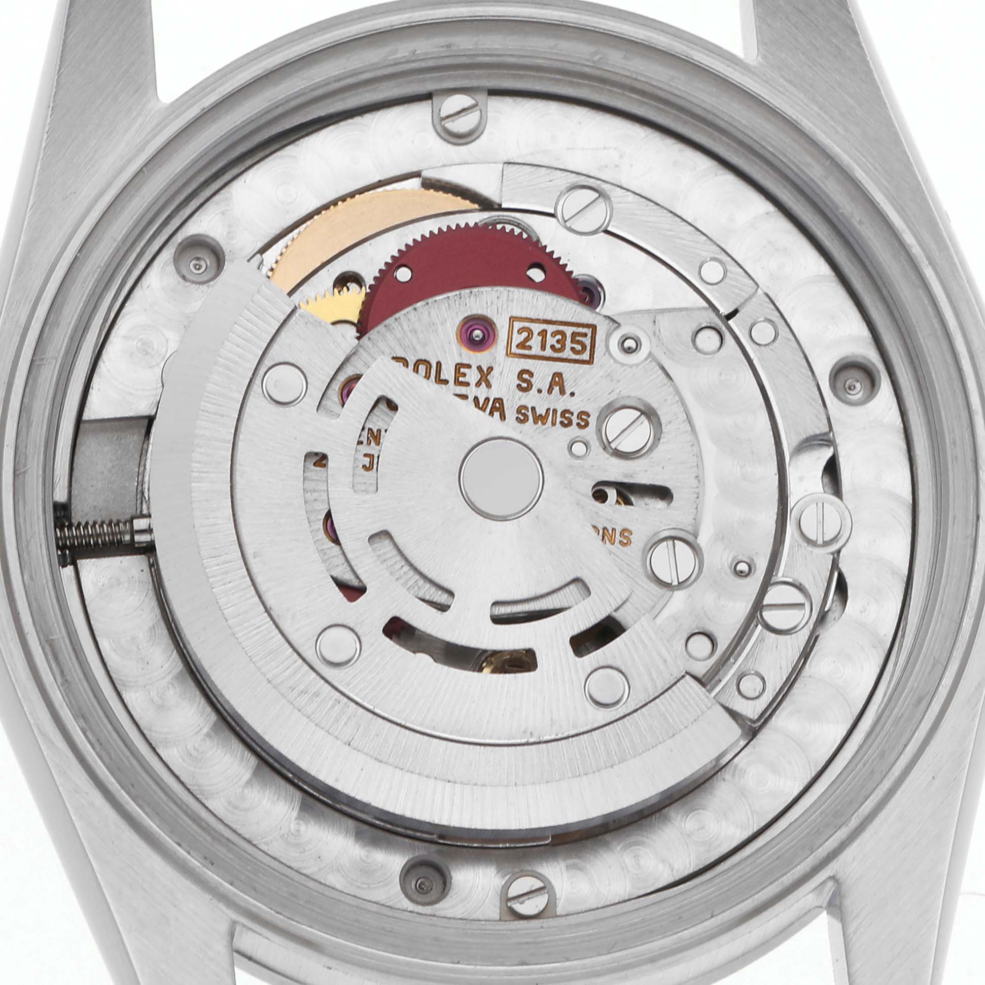 This image shows the back view of a Rolex Mid-Size 68240 Women's Stainless Steel Pink Dial 68240 Women's Stainless Steel Pink Dial model, highlighting the internal movement mechanism.