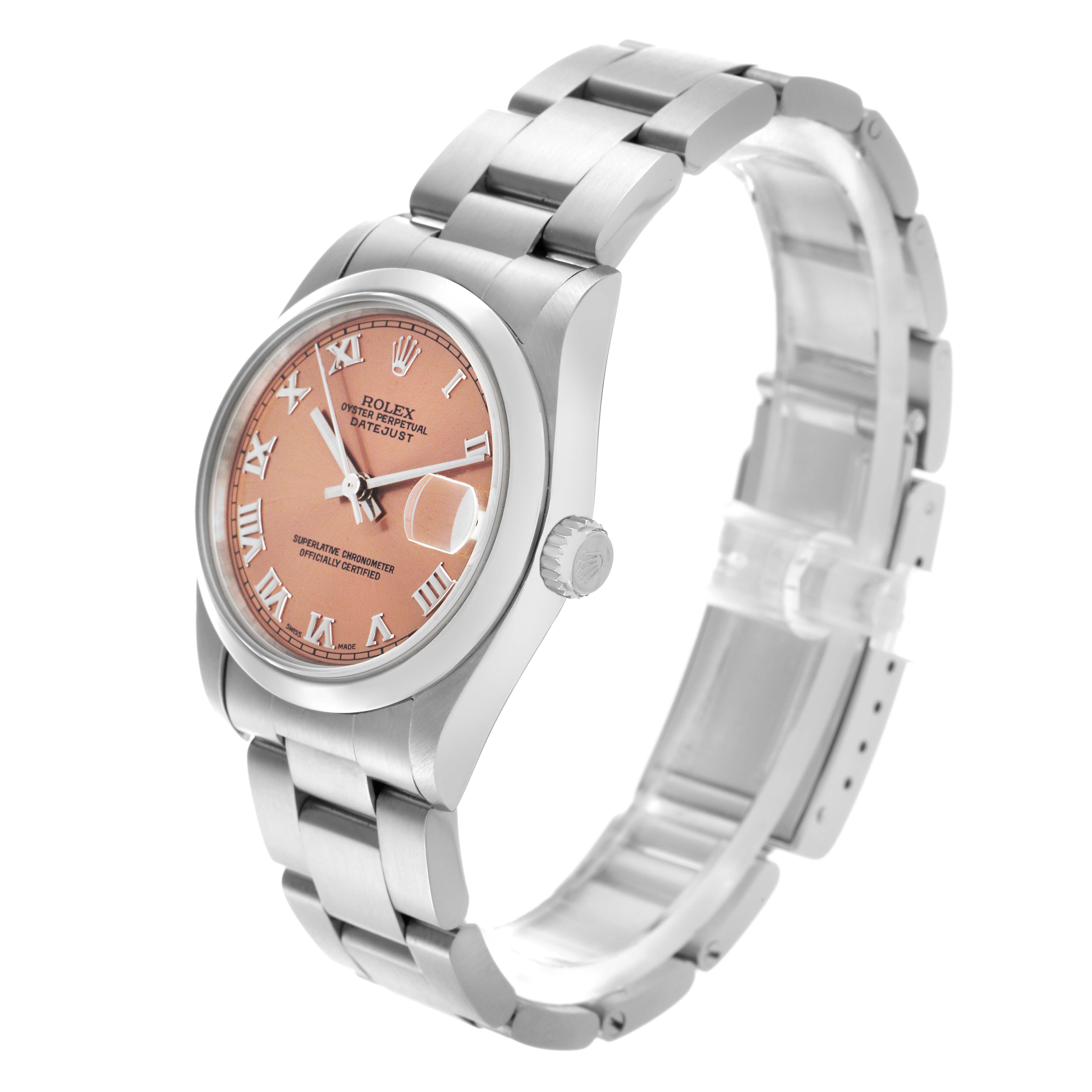 The Rolex Mid-Size 68240 Women's Stainless Steel Pink Dial 68240 Women's Stainless Steel Pink Dial watch is shown at a three-quarter angle, highlighting the dial, bezel, and bracelet.