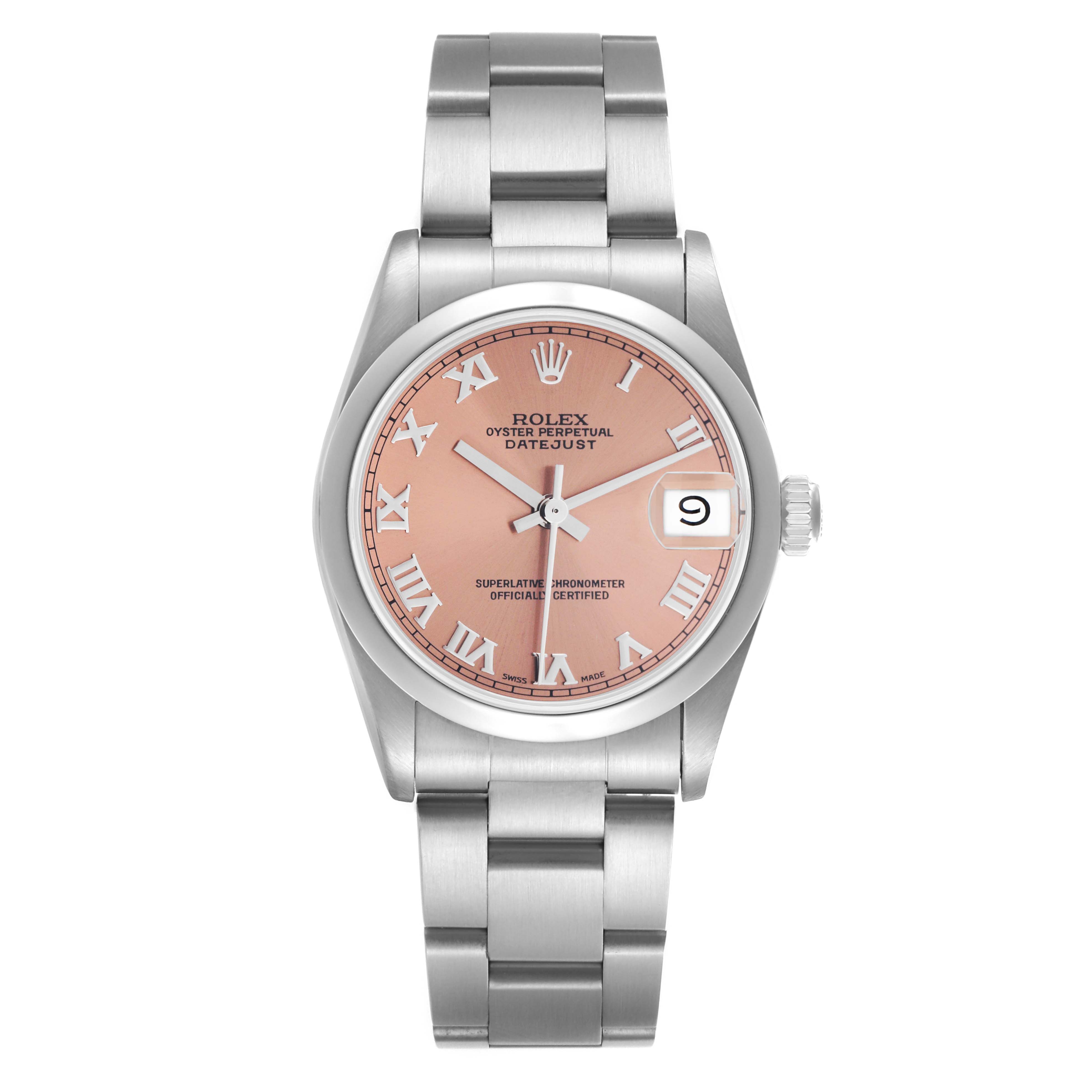 The Rolex Mid-Size 68240 Women's Stainless Steel Pink Dial 68240 Women's Stainless Steel Pink Dial Datejust watch is shown from the front, displaying its dial, bracelet, and clasp.