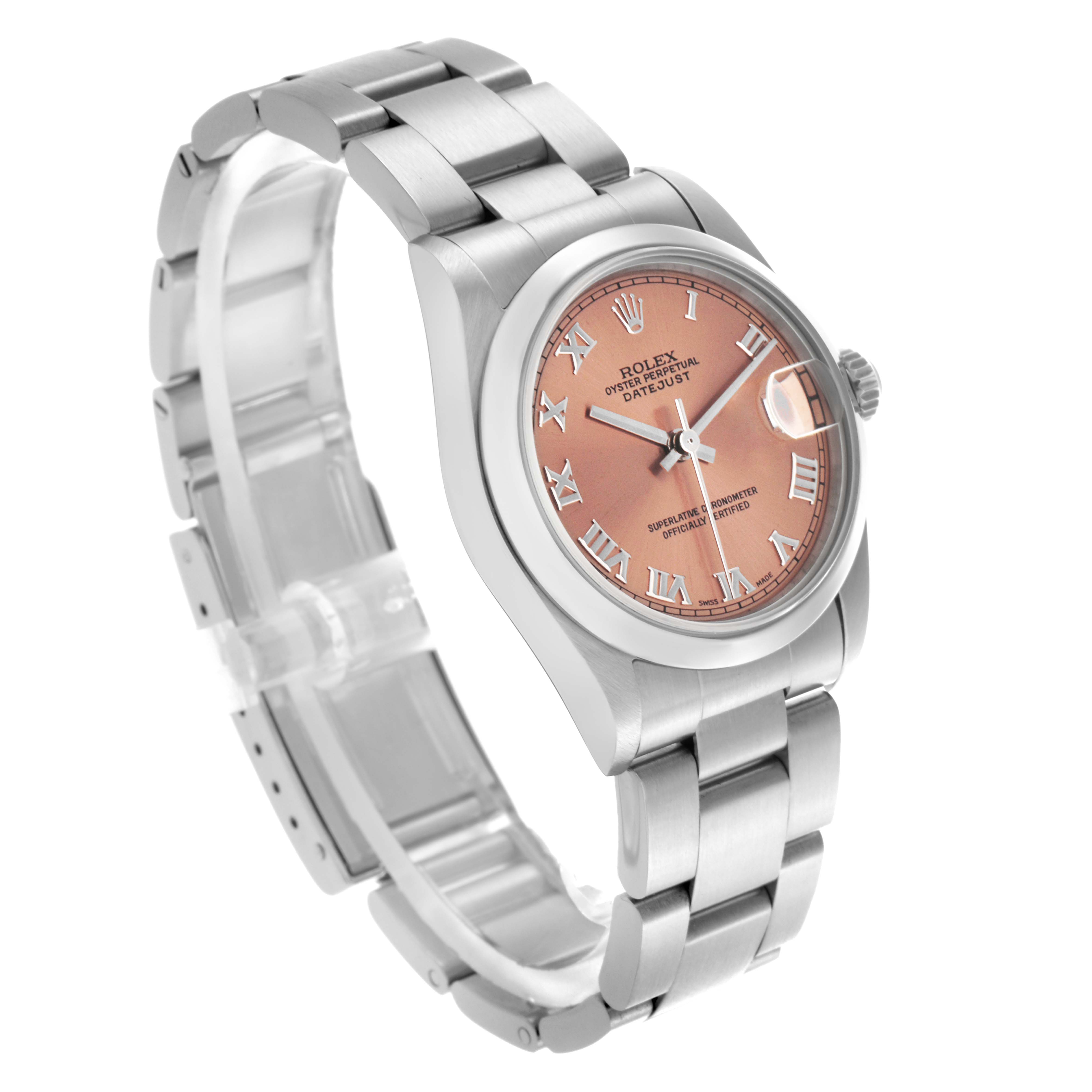 The Rolex Mid-Size 68240 Women's Stainless Steel Pink Dial 68240 Women's Stainless Steel Pink Dial watch is shown at an angle displaying the watch face, bezel, bracelet, and clasp clearly.