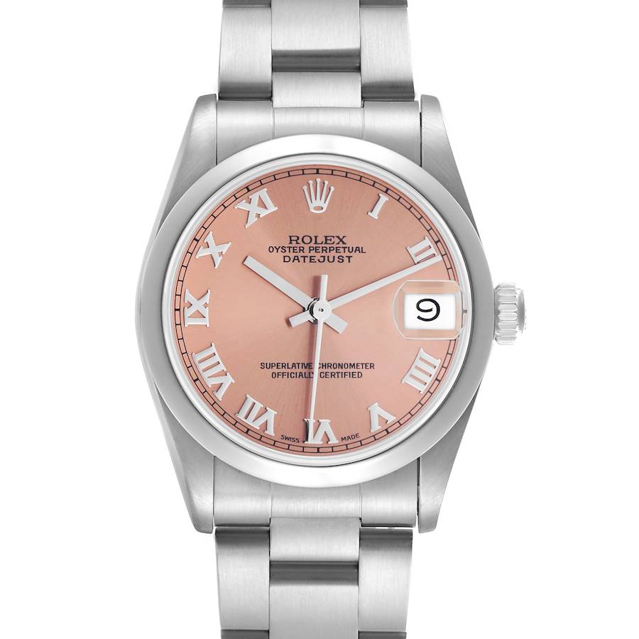 The Rolex Mid-Size Datejust is shown from a front angle, highlighting its pink dial, Roman numerals, and stainless steel bracelet.