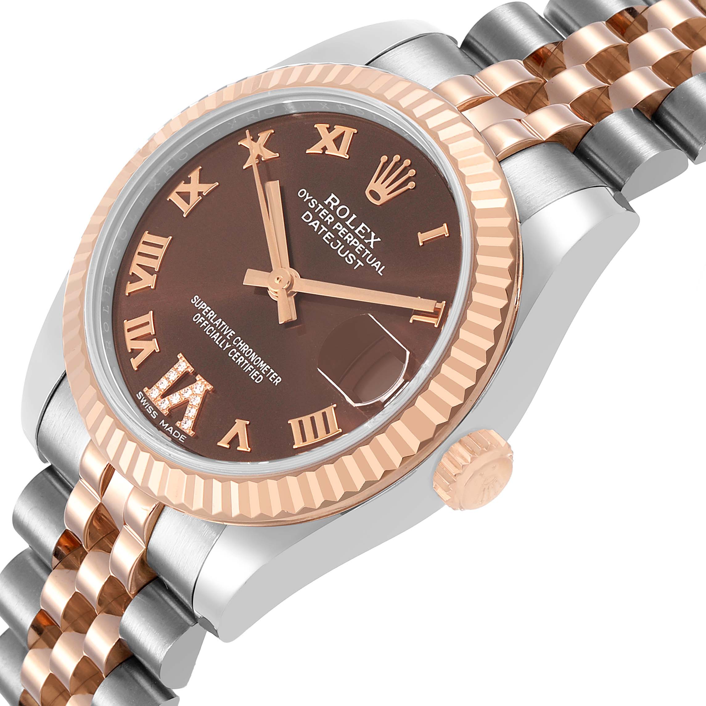 The Rolex Mid-Size 178271 Women's Stainless Steel Brown Dial model is shown from an angle highlighting the dial, bezel, crown, and part of the bracelet.