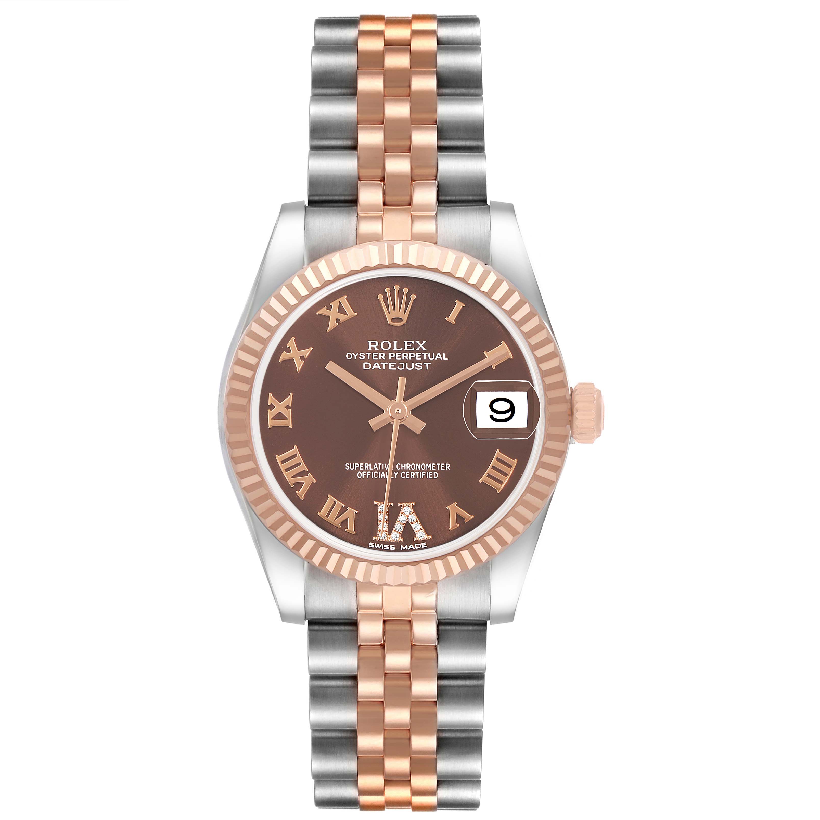 The Rolex Mid-Size 178271 Women's Stainless Steel Brown Dial Datejust watch is shown from a front angle, displaying the dial, bezel, and two-tone bracelet.