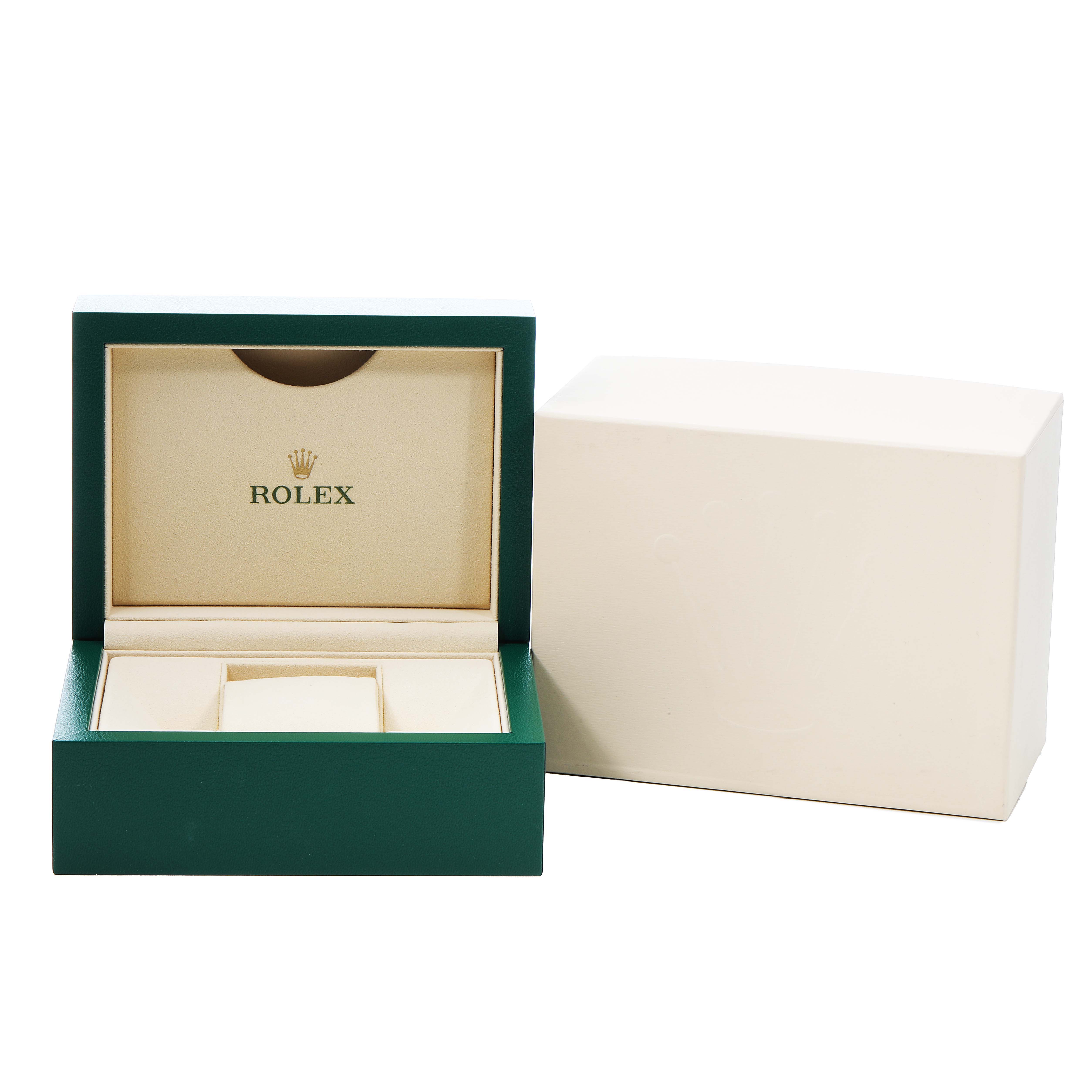 The image shows an open Rolex Mid-Size 178271 Women's Stainless Steel Brown Dial watch box and its outer packaging, viewed from the front.